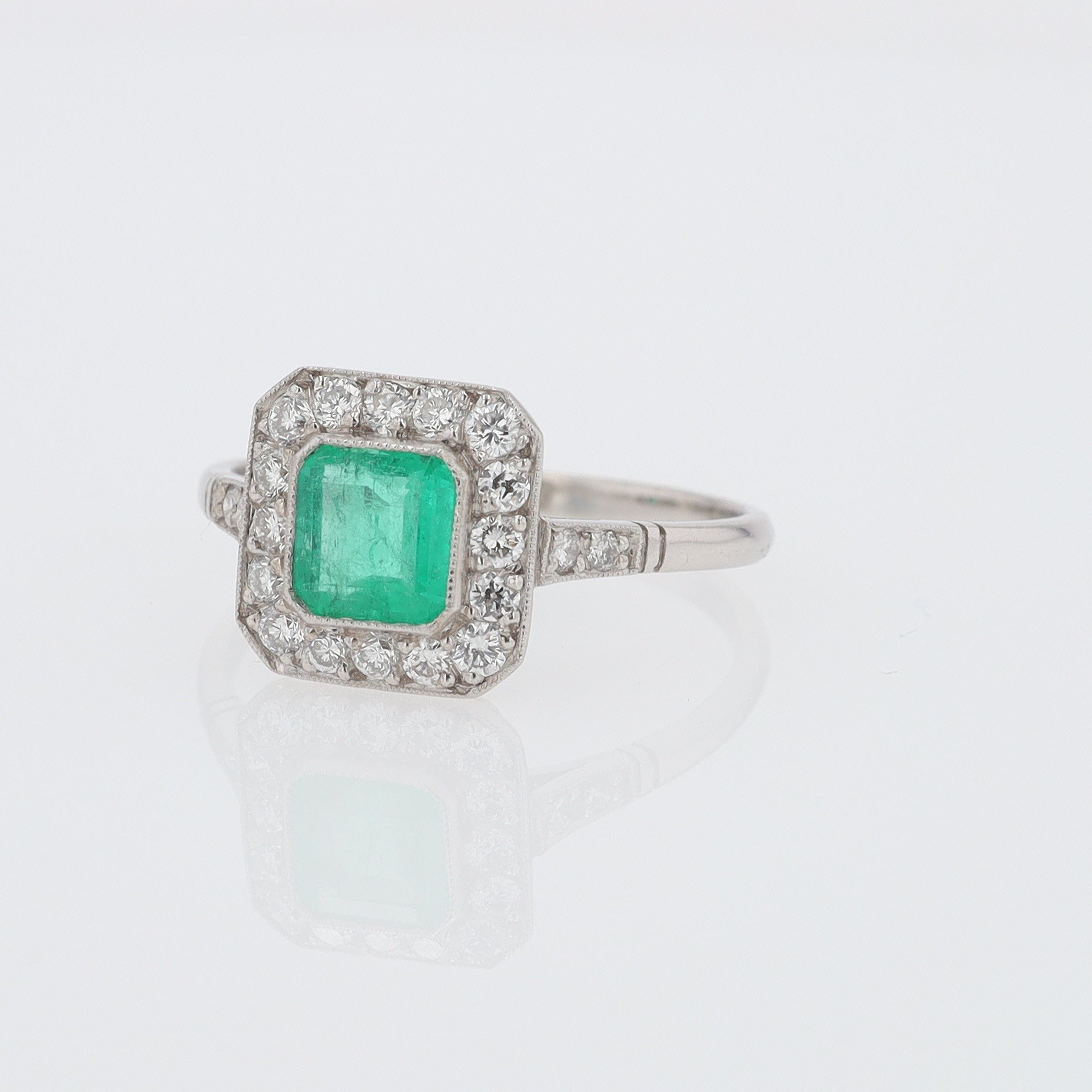 Art Deco Style Square Emerald Diamond Engagement Ring