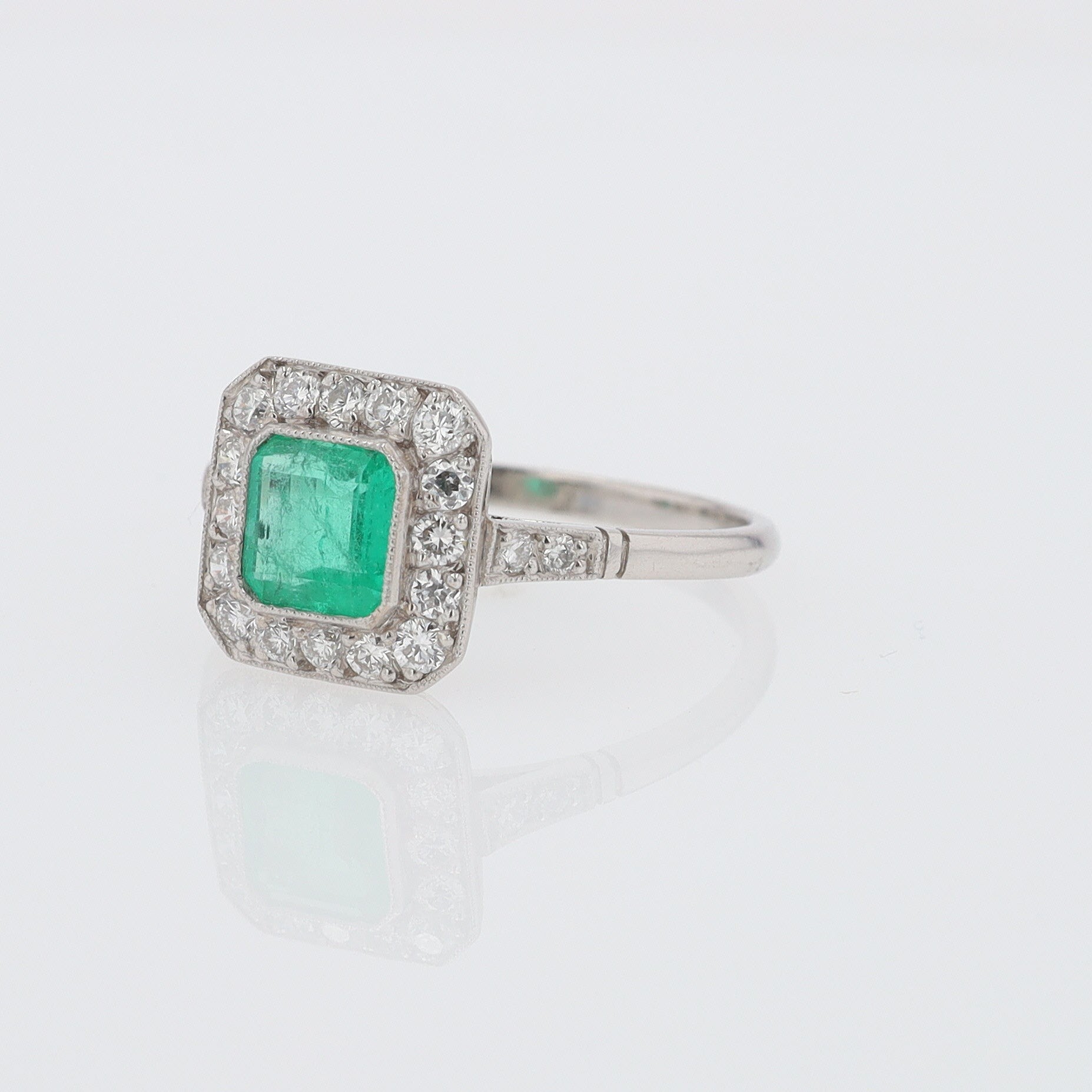Art Deco Style Square Emerald Diamond Engagement Ring