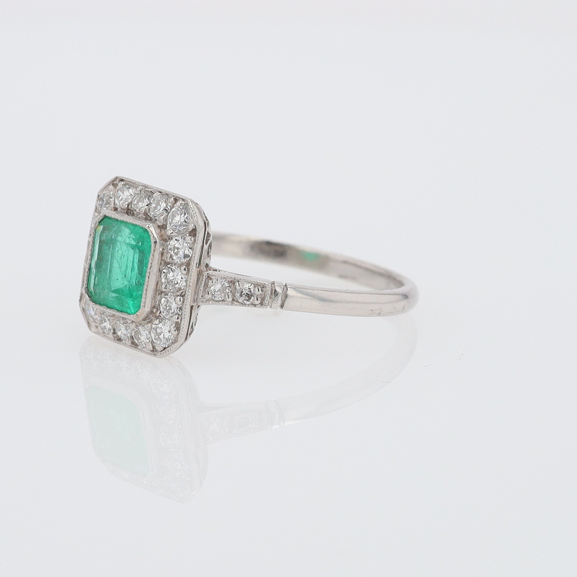 Art Deco Style Square Emerald Diamond Engagement Ring