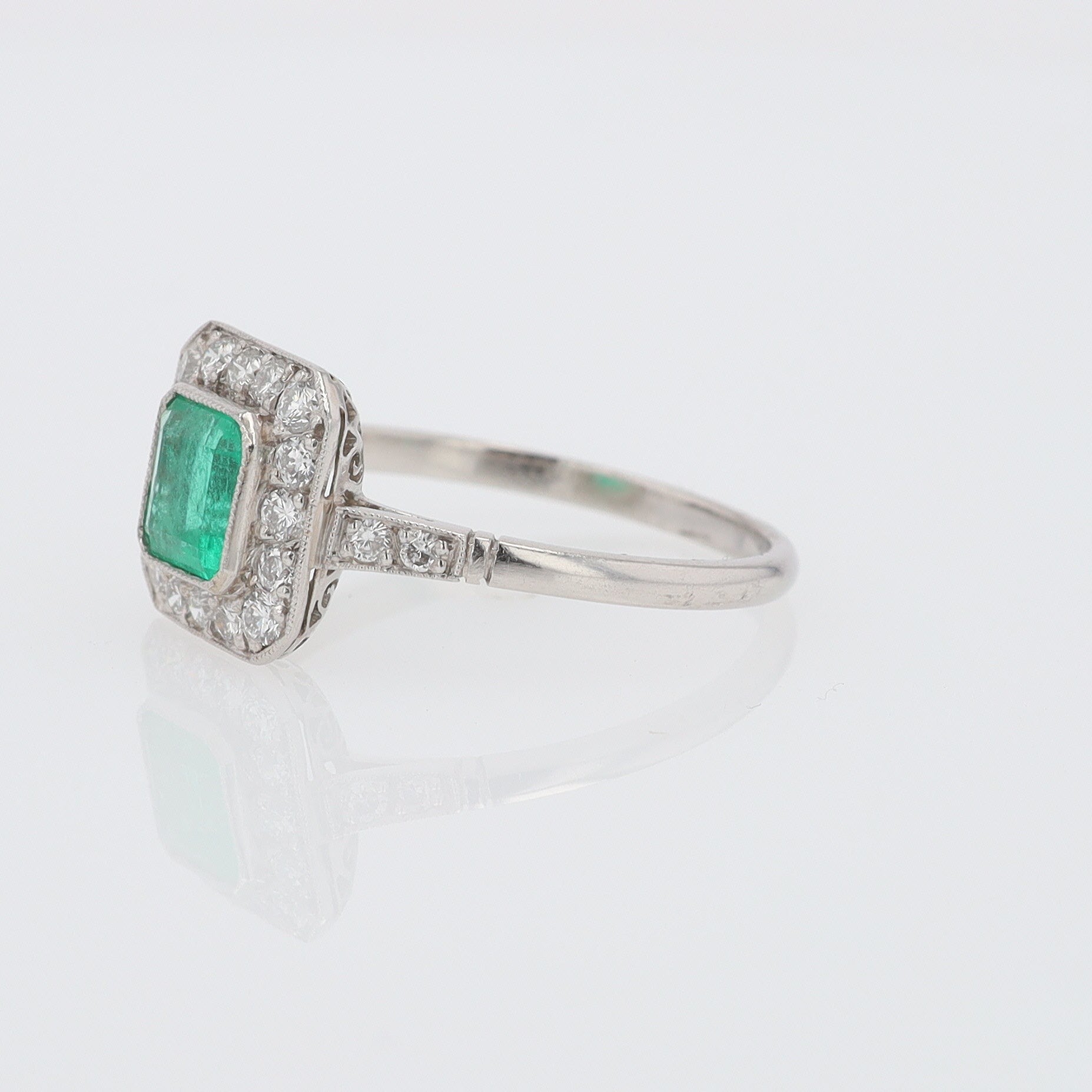 Art Deco Style Square Emerald Diamond Engagement Ring