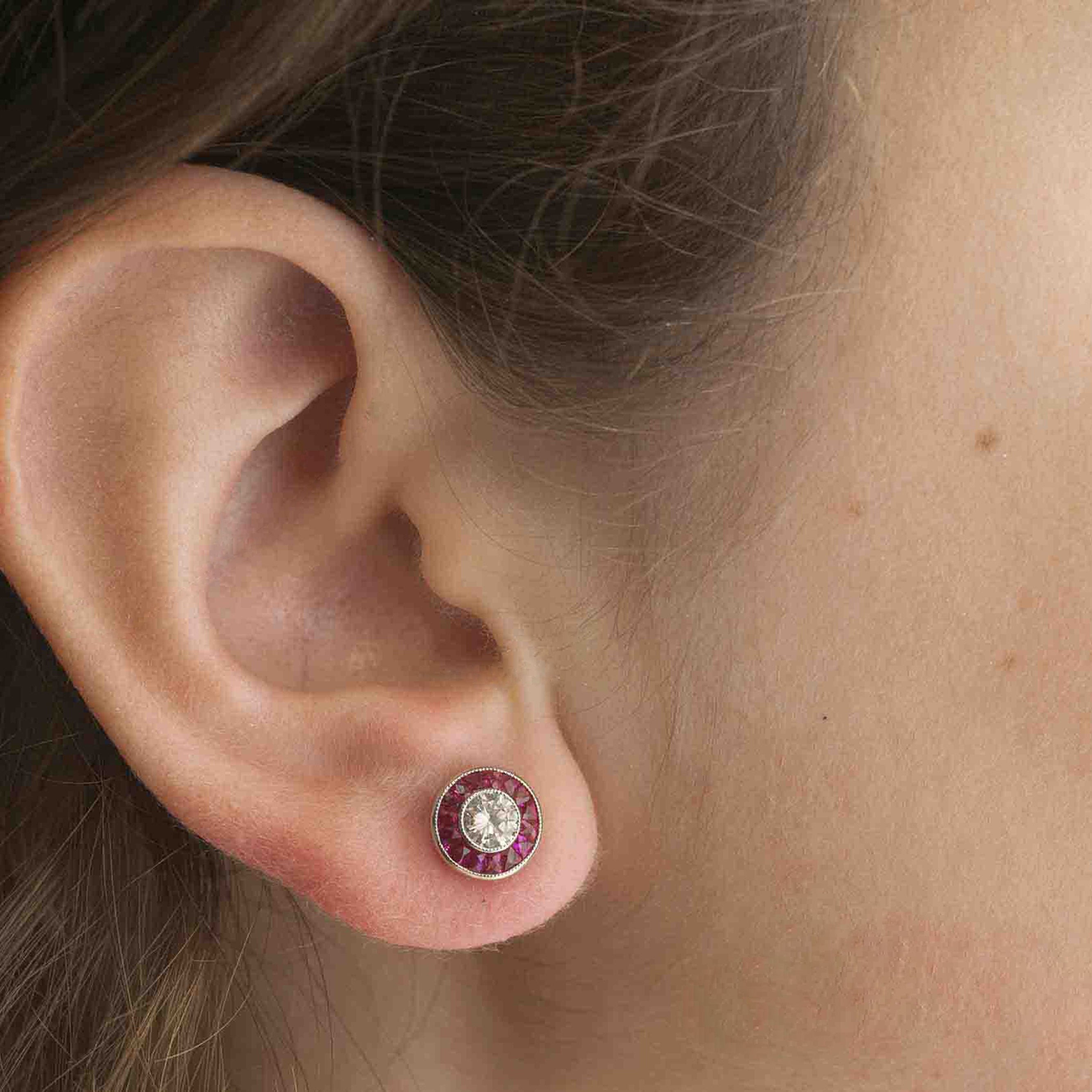 Art Deco Target Style 3/4 Carat Diamond Ruby Stud Earrings