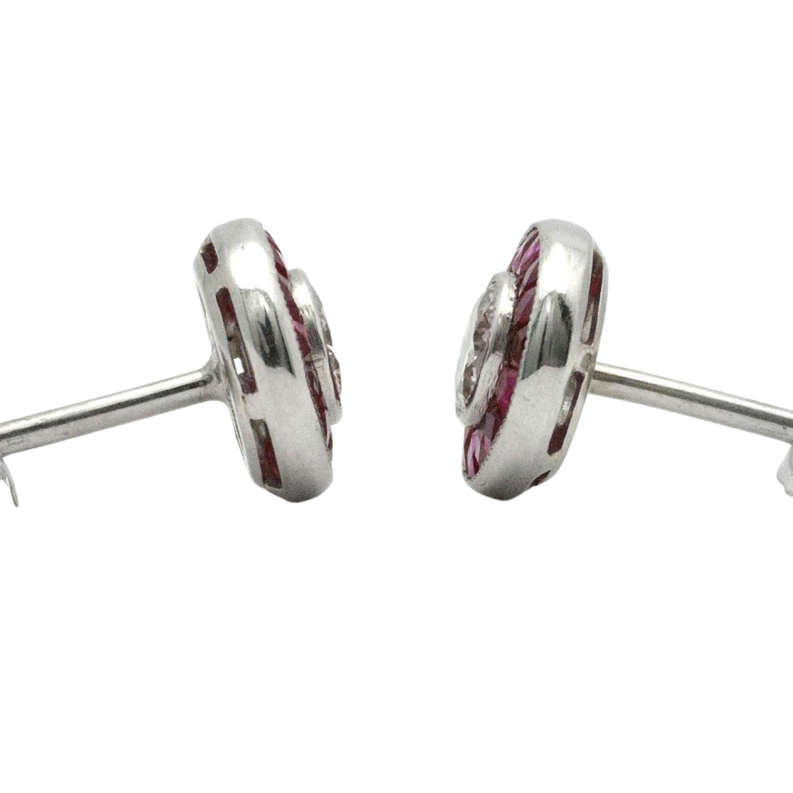 Art Deco Target Style 3/4 Carat Diamond Ruby Stud Earrings