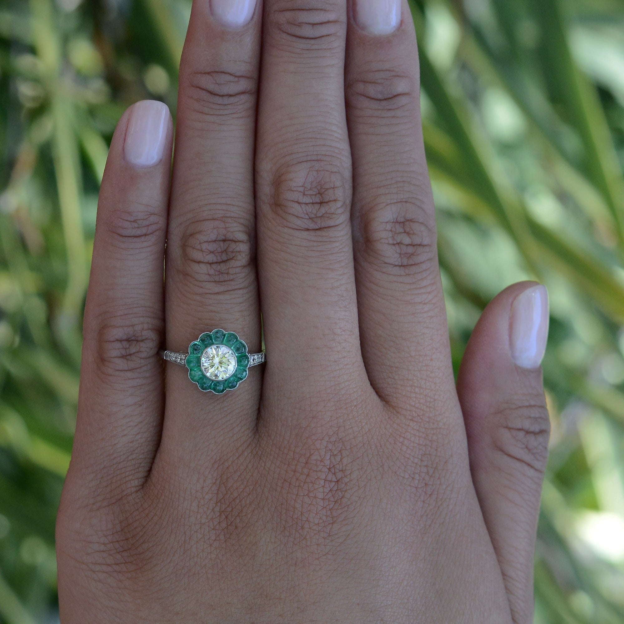 Art Deco Target Style Diamond Emerald Engagement Ring