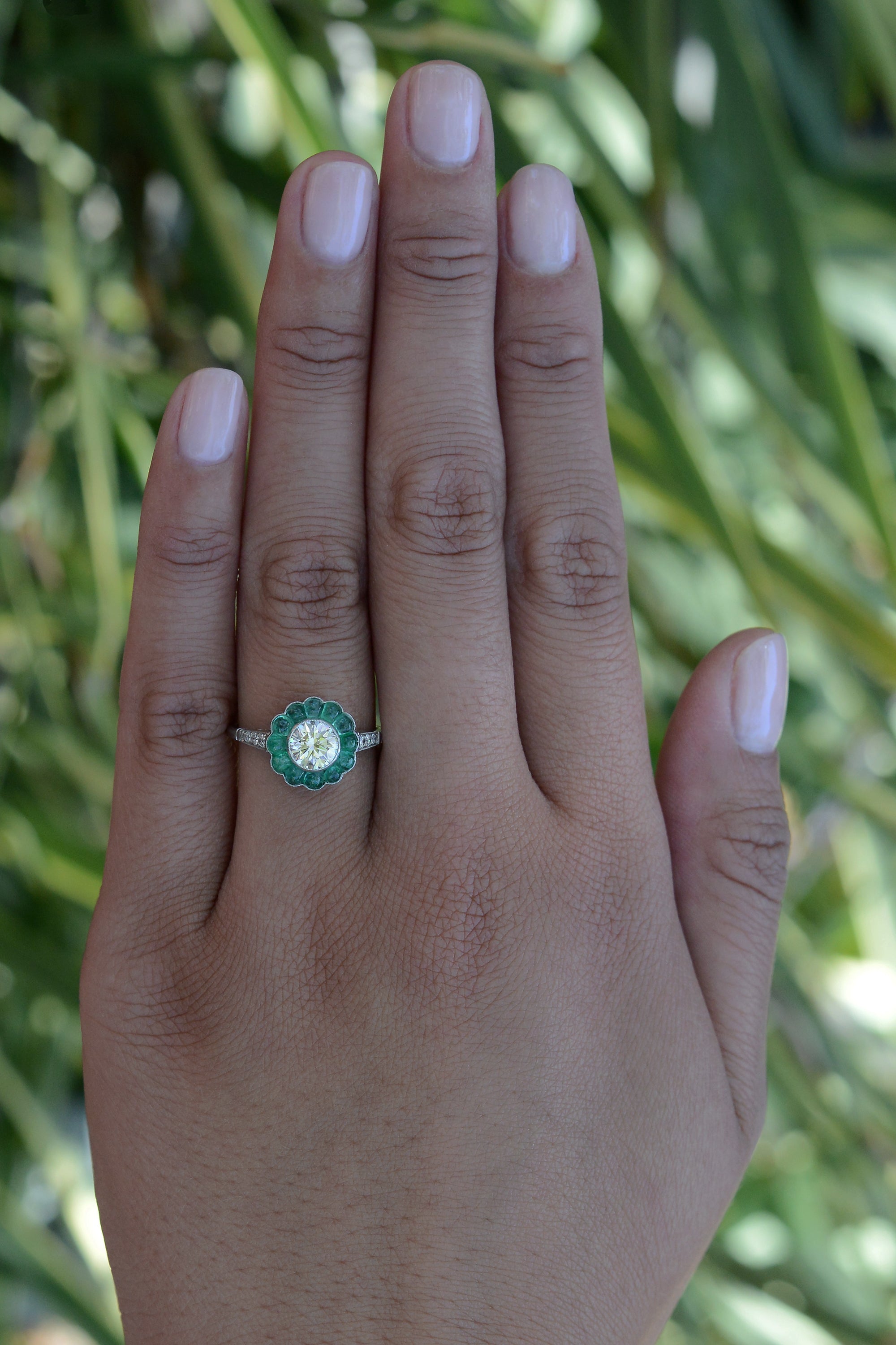 Art Deco Target Style Diamond Emerald Engagement Ring