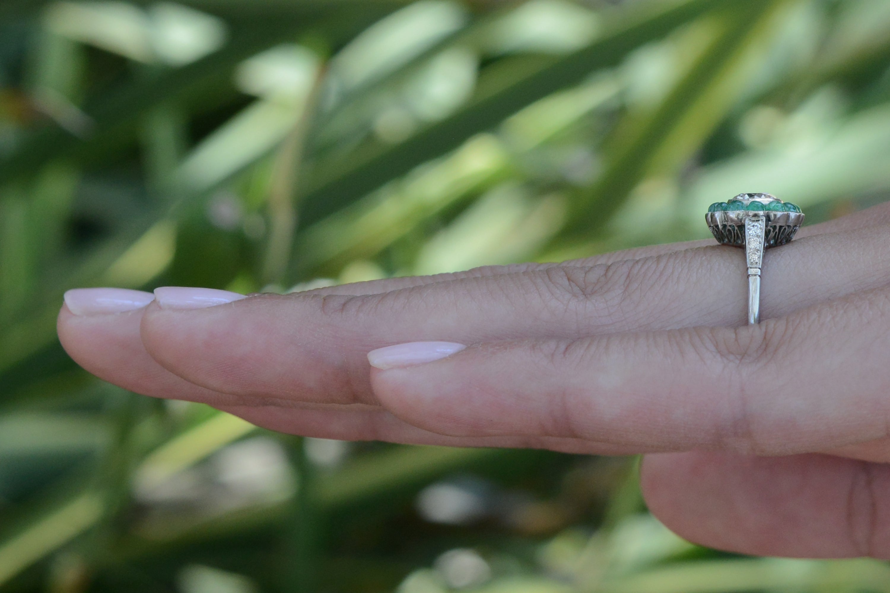 Art Deco Target Style Diamond Emerald Engagement Ring