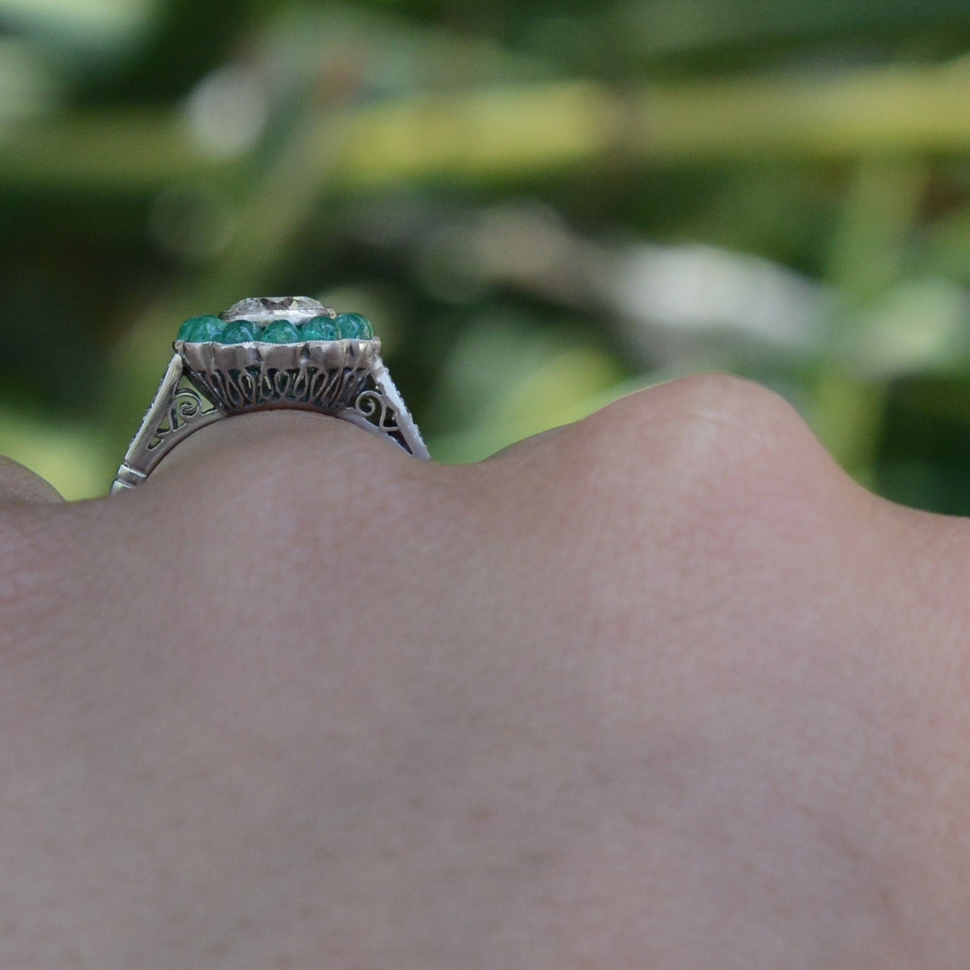 Art Deco Target Style Diamond Emerald Engagement Ring