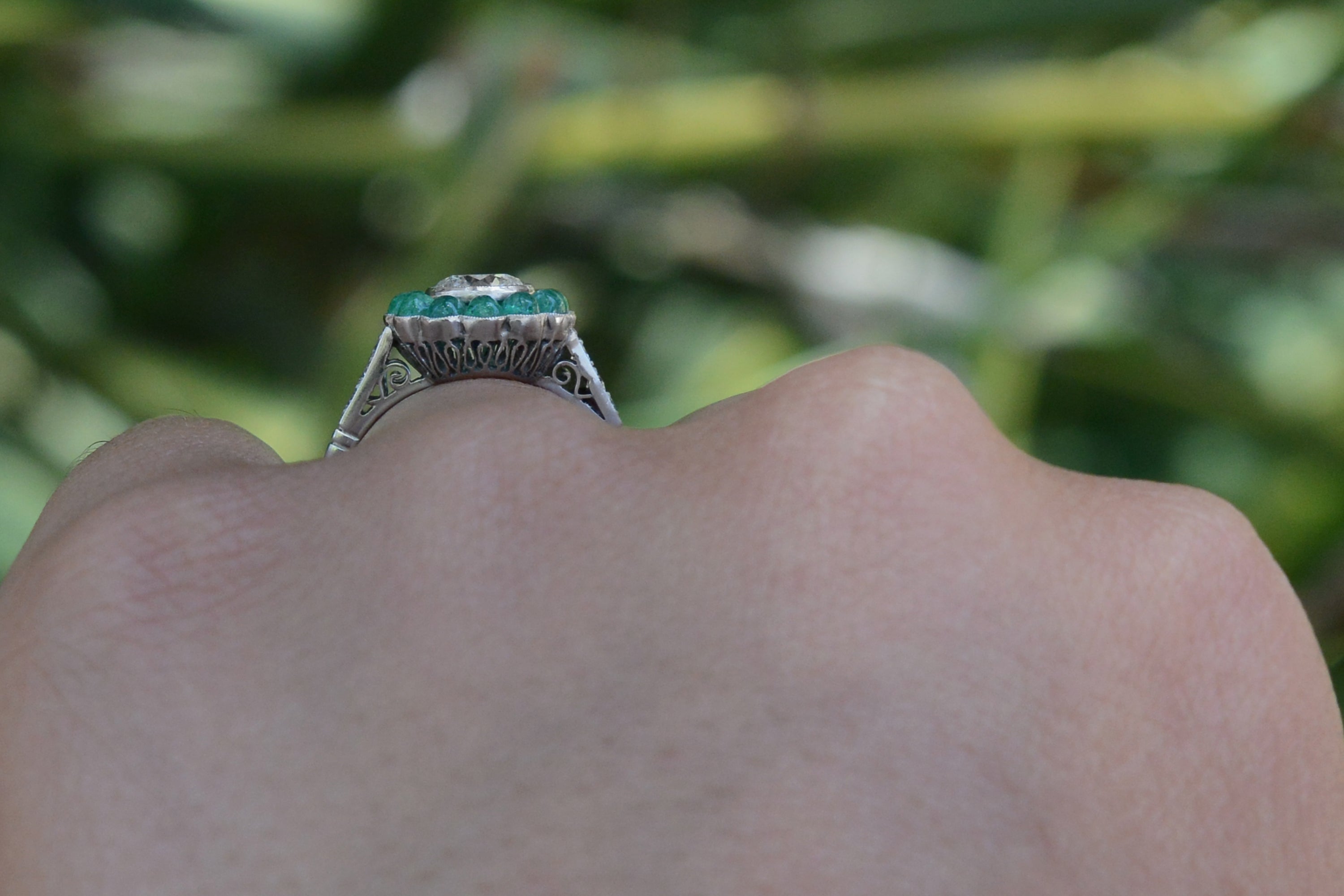 Art Deco Target Style Diamond Emerald Engagement Ring