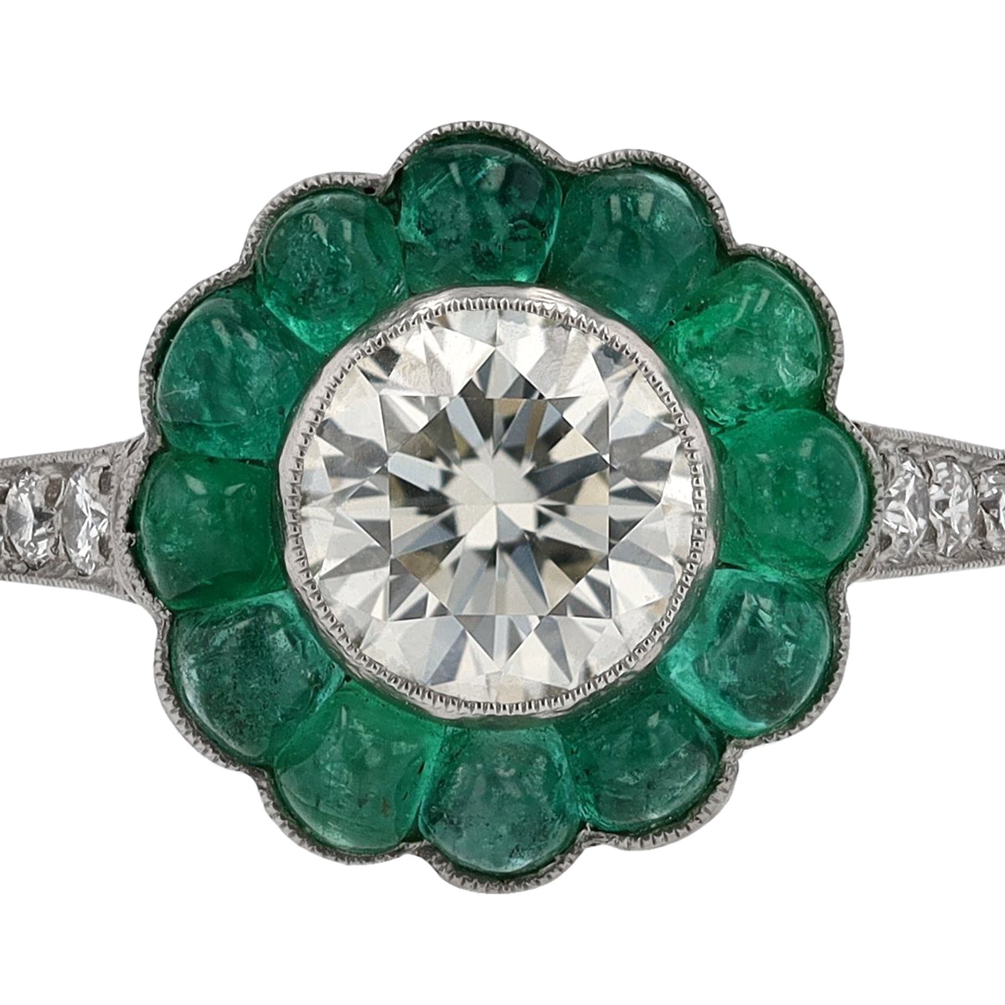 Art Deco Target Style Diamond Emerald Engagement Ring