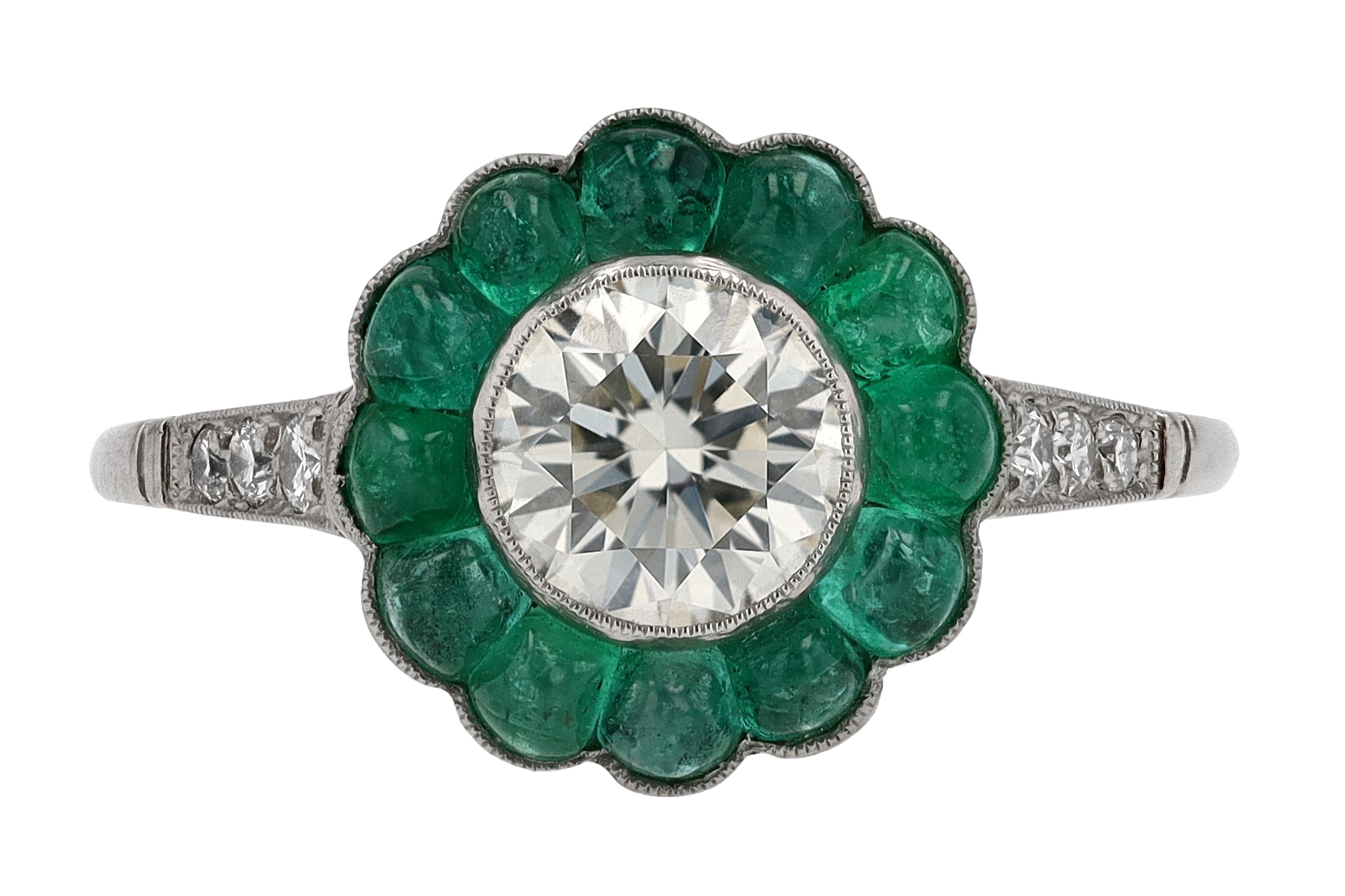 Art Deco Target Style Diamond Emerald Engagement Ring
