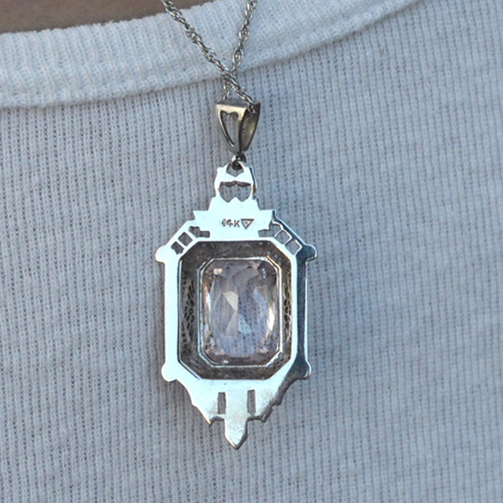 Art Deco Tri-Color Gold Pink Kunzite Filigree Necklace