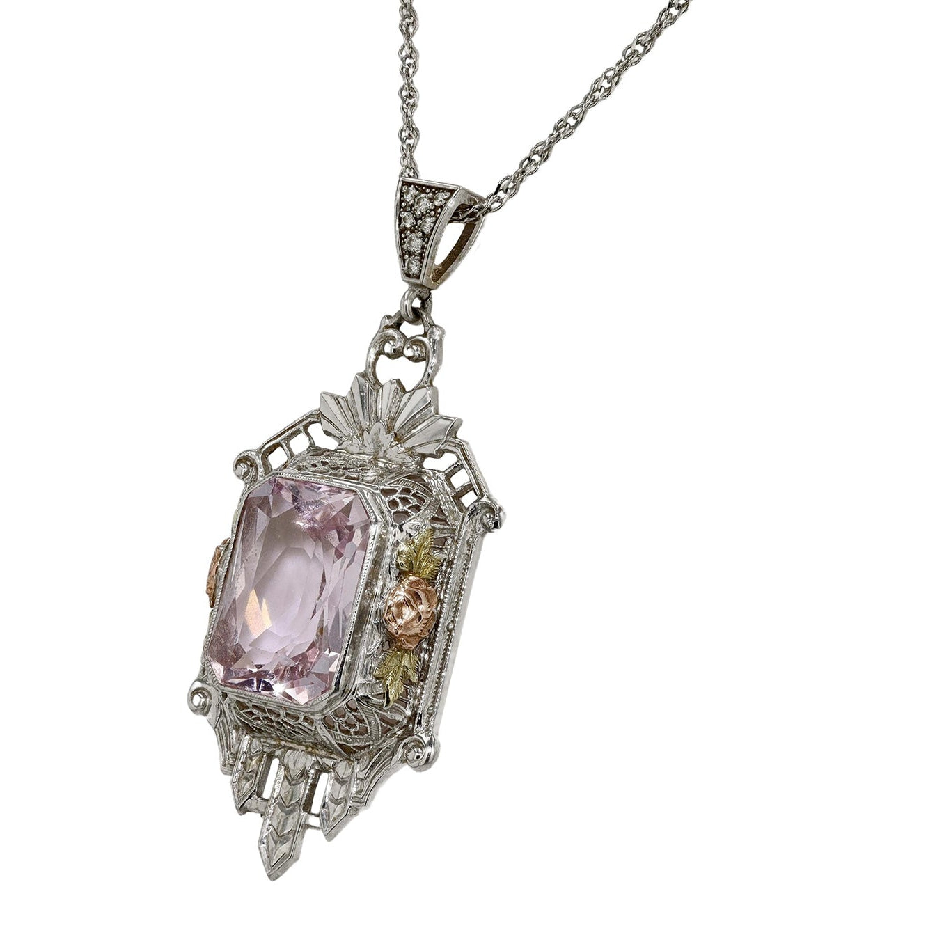 Art Deco Tri-Color Gold Pink Kunzite Filigree Necklace