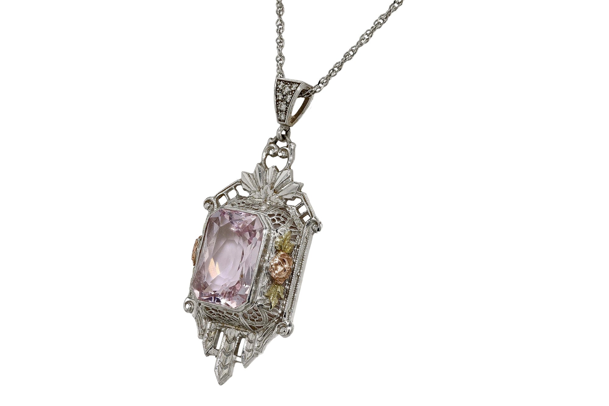 Art Deco Tri-Color Gold Pink Kunzite Filigree Necklace