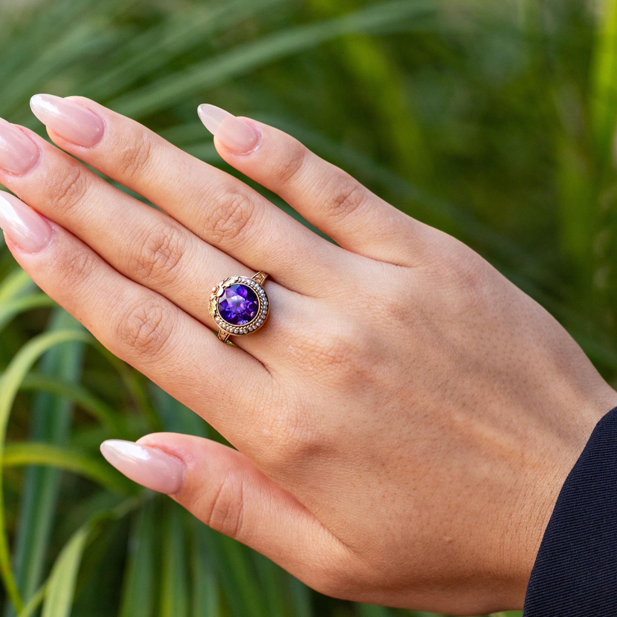 Art Nouveau Amethyst and Seed Pearl 14k Gold Ring