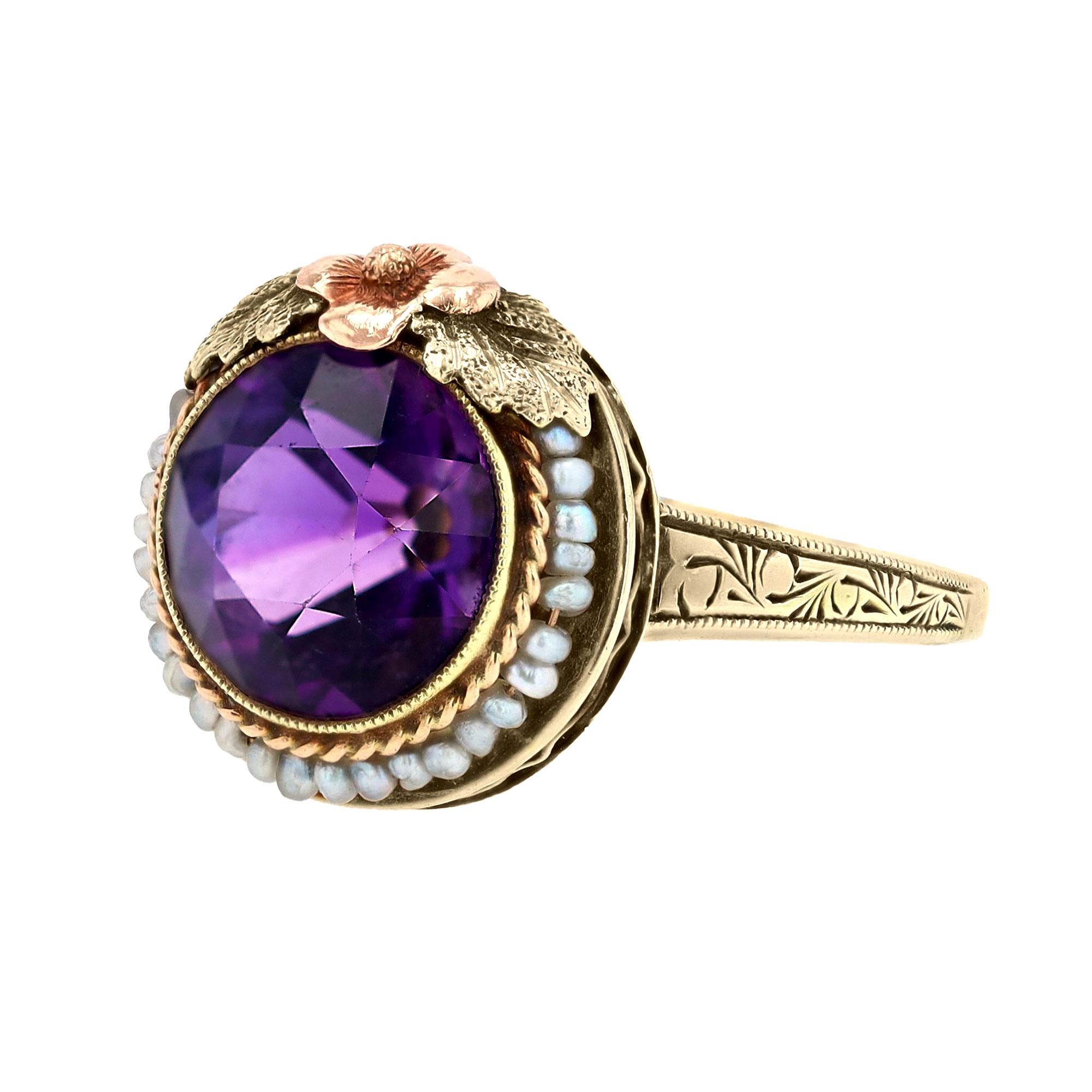 Art Nouveau Amethyst and Seed Pearl 14k Gold Ring