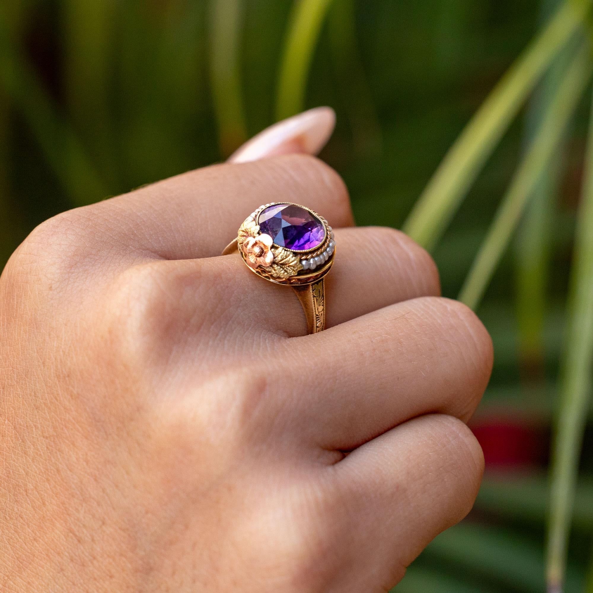 Art Nouveau Amethyst and Seed Pearl 14k Gold Ring