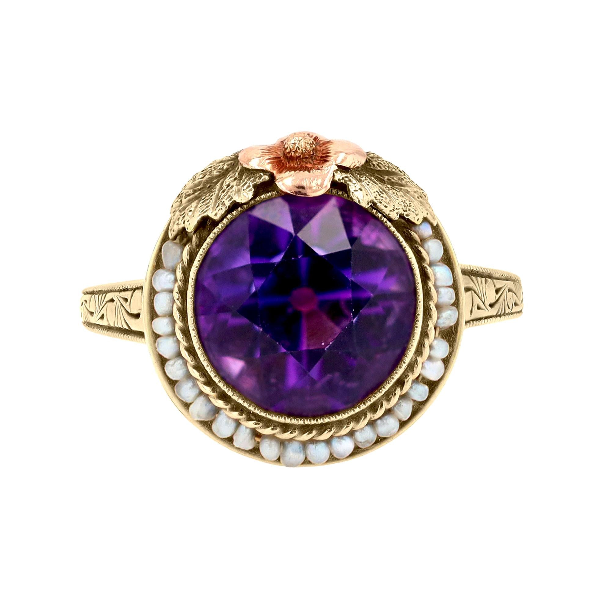 Art Nouveau Amethyst and Seed Pearl 14k Gold Ring