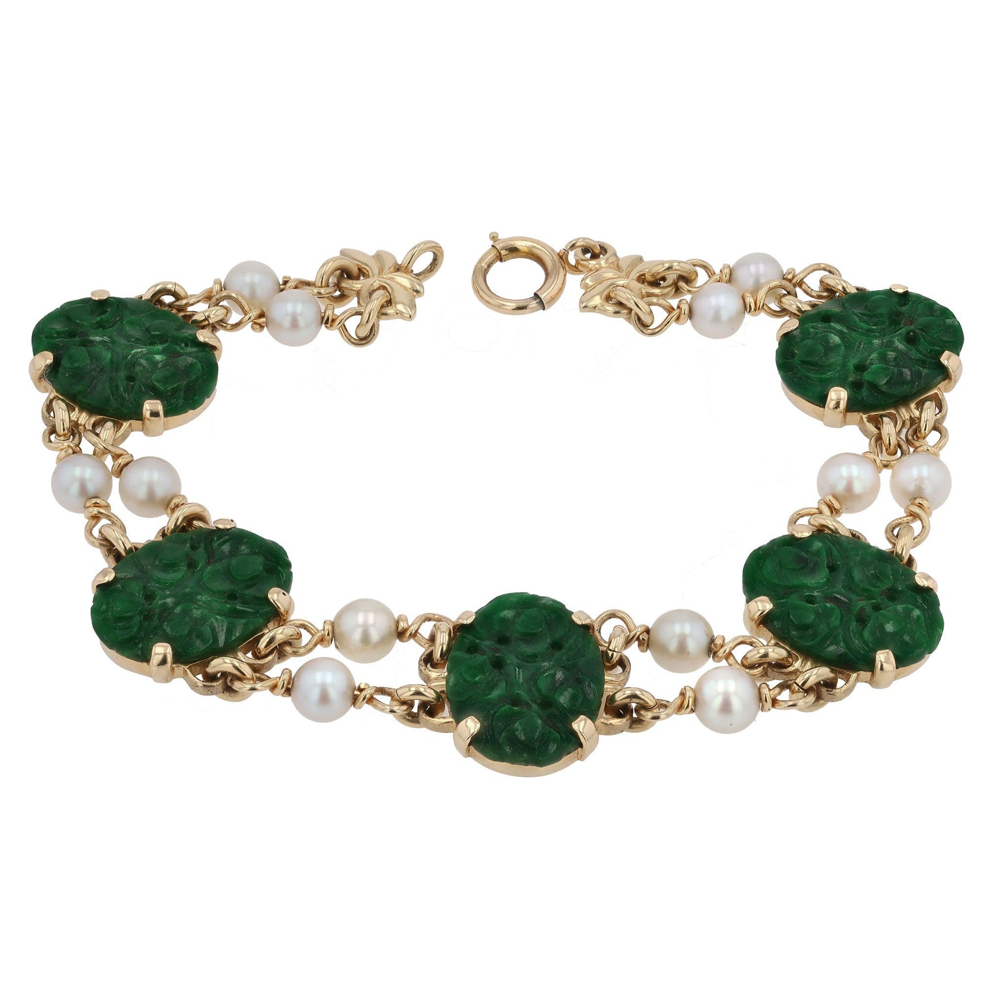 Art Nouveau Carved Jadeite and Pearl Station Bracelet