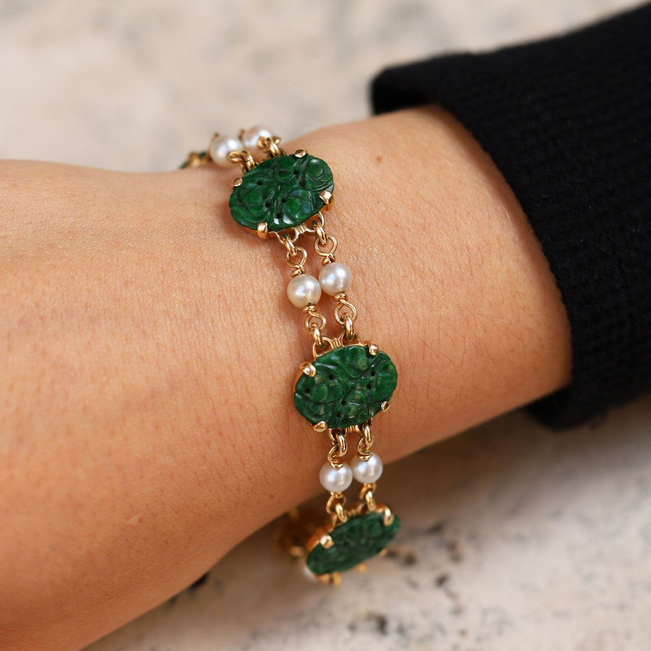 Art Nouveau Carved Jadeite and Pearl Station Bracelet