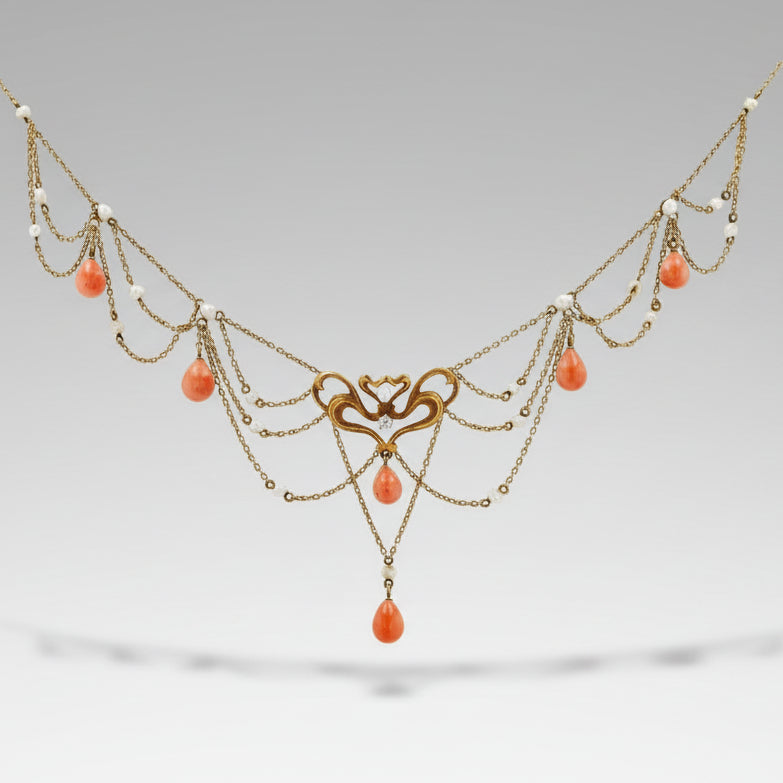 Art Nouveau Coral and Seed Pearl Bib Necklace