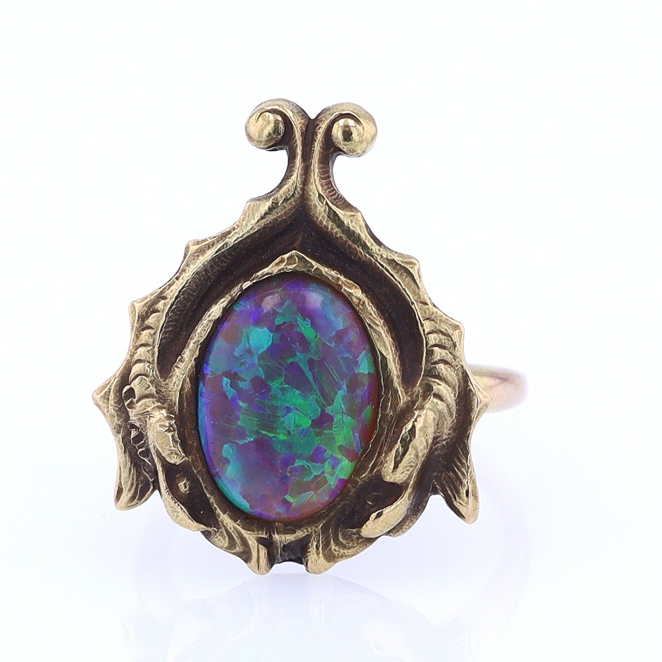 Art Nouveau Era 18kt. Gold & Harlequin Black Opal Ring