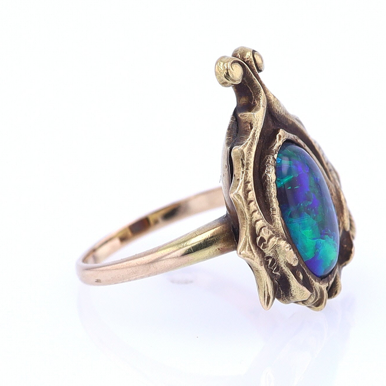 Art Nouveau Era 18kt. Gold & Harlequin Black Opal Ring