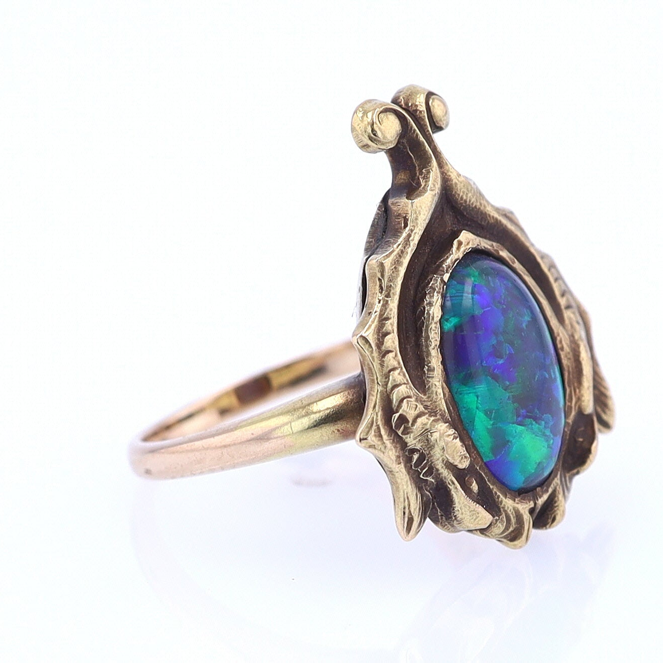 Art Nouveau Era 18kt. Gold & Harlequin Black Opal Ring