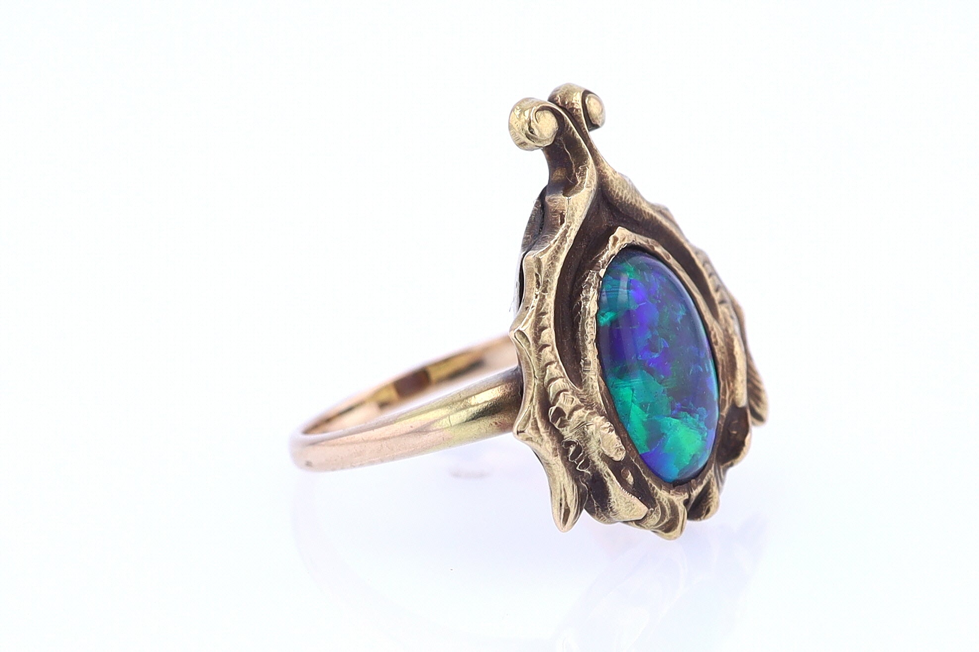 Art Nouveau Era 18kt. Gold & Harlequin Black Opal Ring