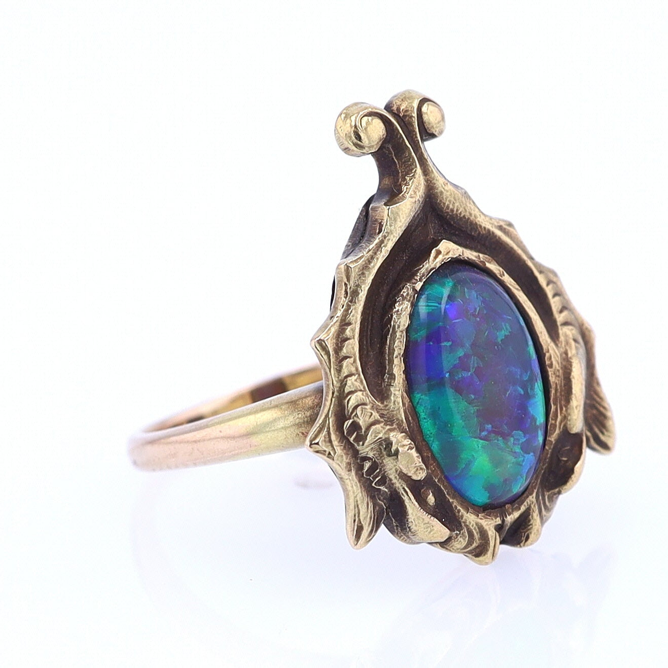 Art Nouveau Era 18kt. Gold & Harlequin Black Opal Ring