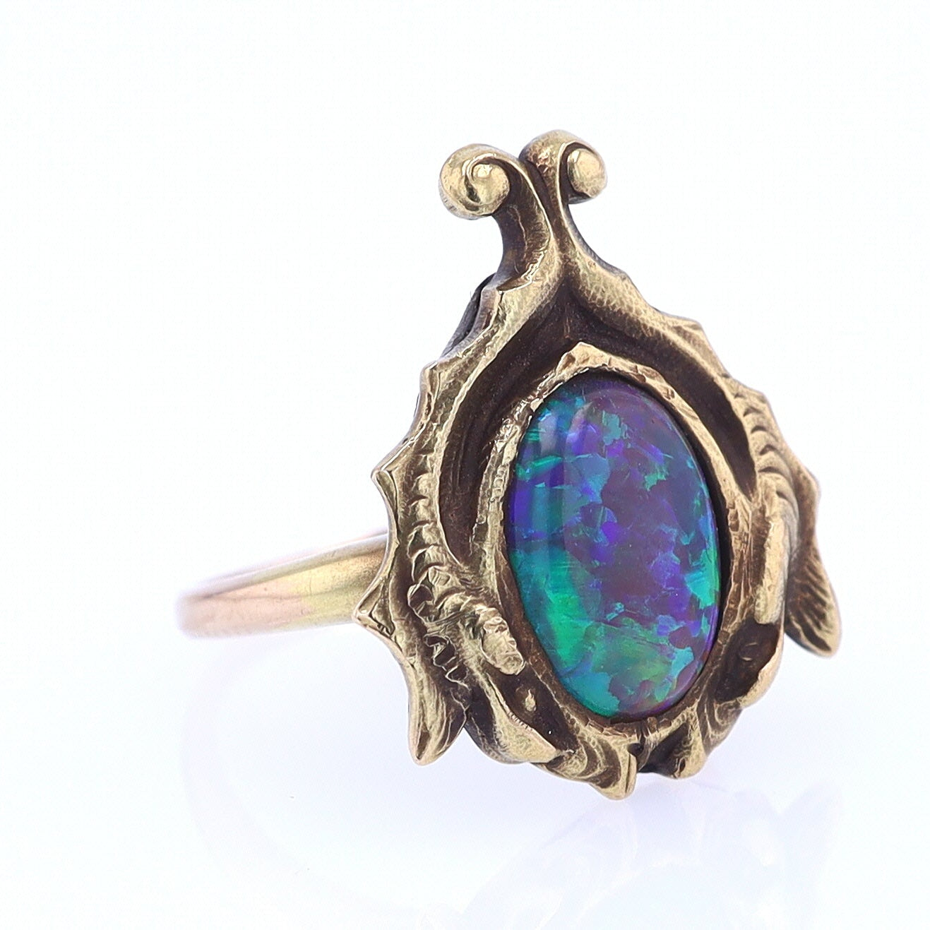 Art Nouveau Era 18kt. Gold & Harlequin Black Opal Ring