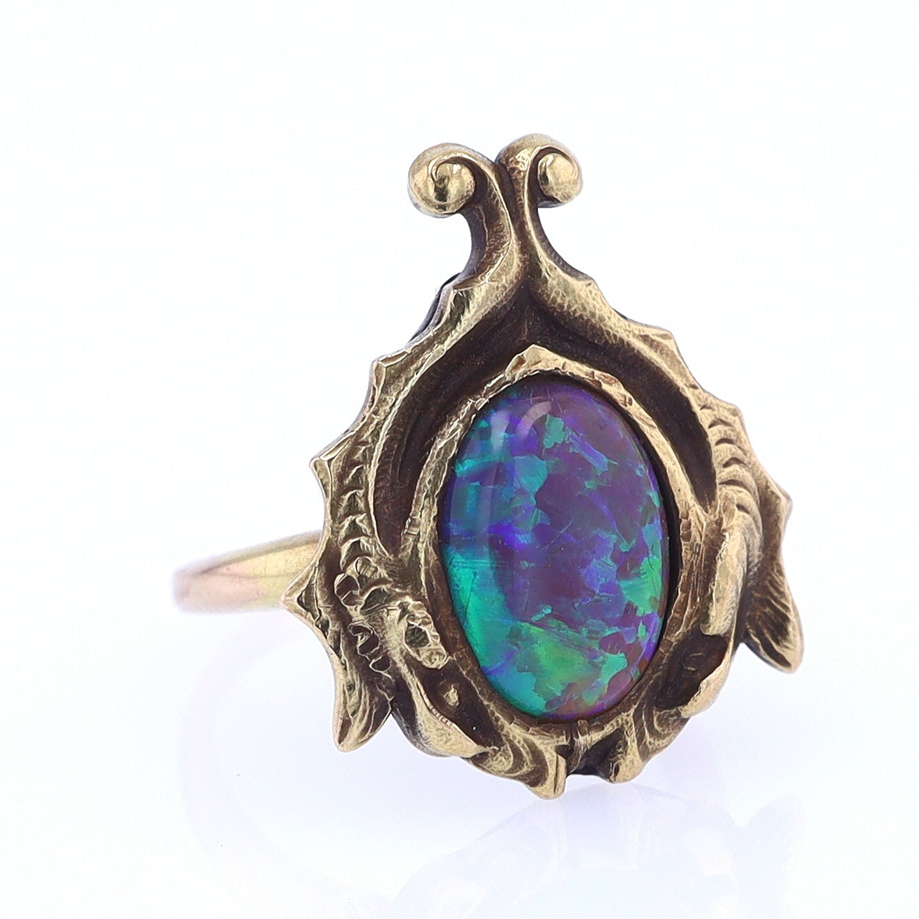 Art Nouveau Era 18kt. Gold & Harlequin Black Opal Ring