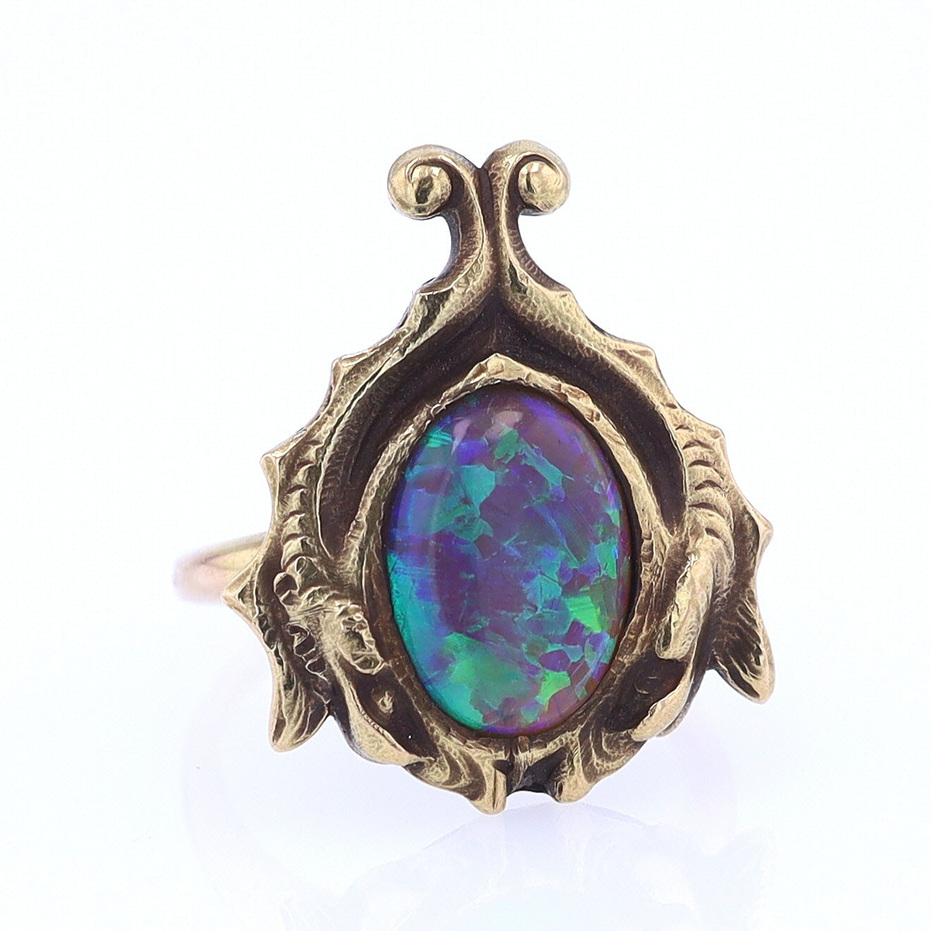 Art Nouveau Era 18kt. Gold & Harlequin Black Opal Ring