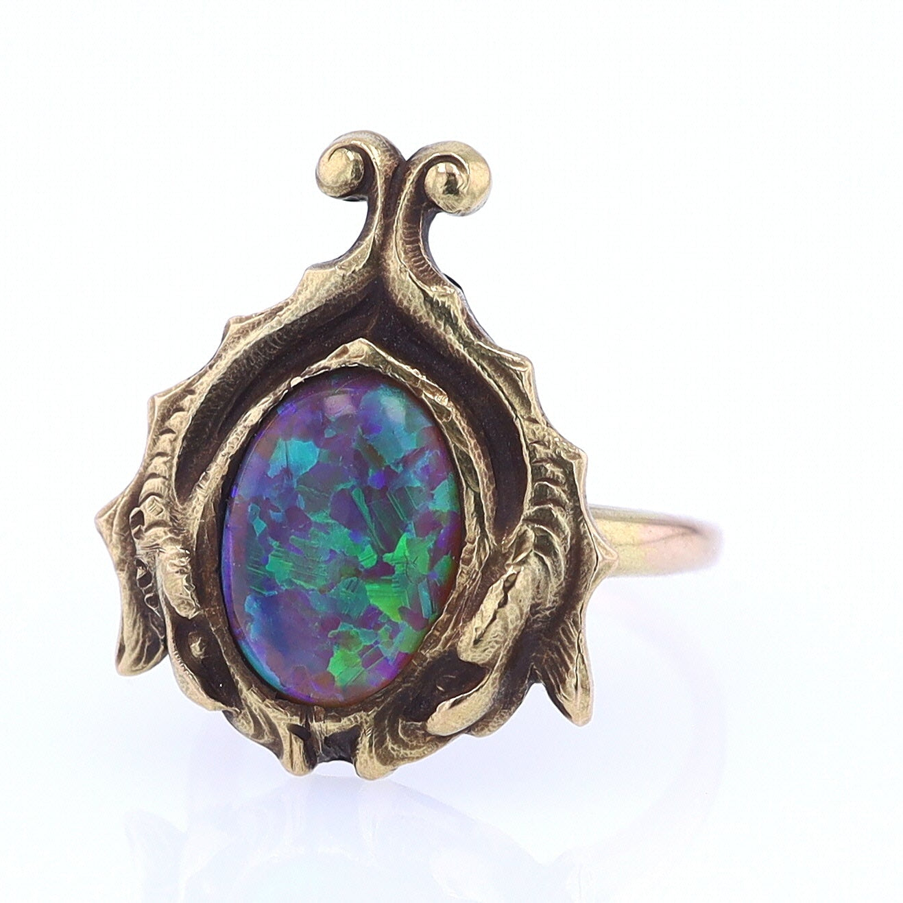 Art Nouveau Era 18kt. Gold & Harlequin Black Opal Ring