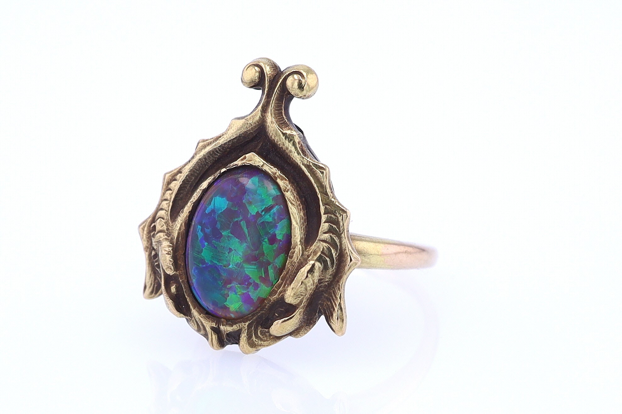 Art Nouveau Era 18kt. Gold & Harlequin Black Opal Ring