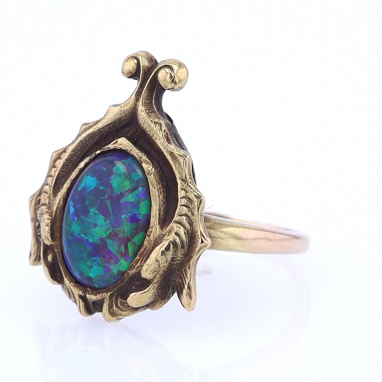 Art Nouveau Era 18kt. Gold & Harlequin Black Opal Ring