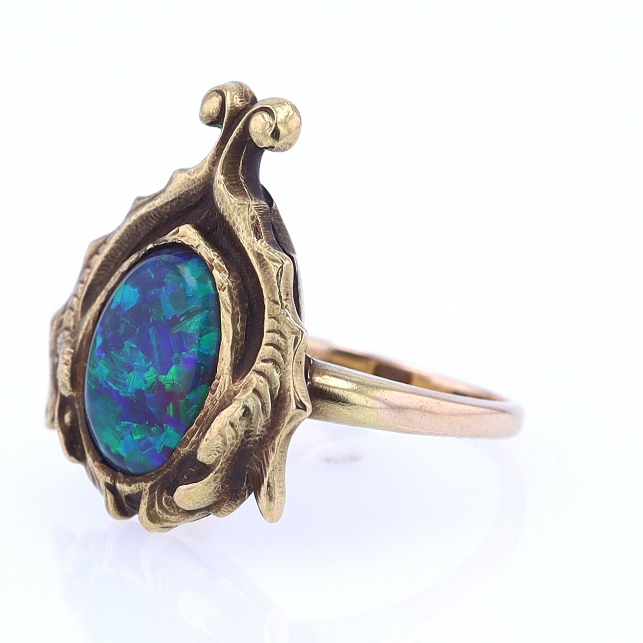 Art Nouveau Era 18kt. Gold & Harlequin Black Opal Ring
