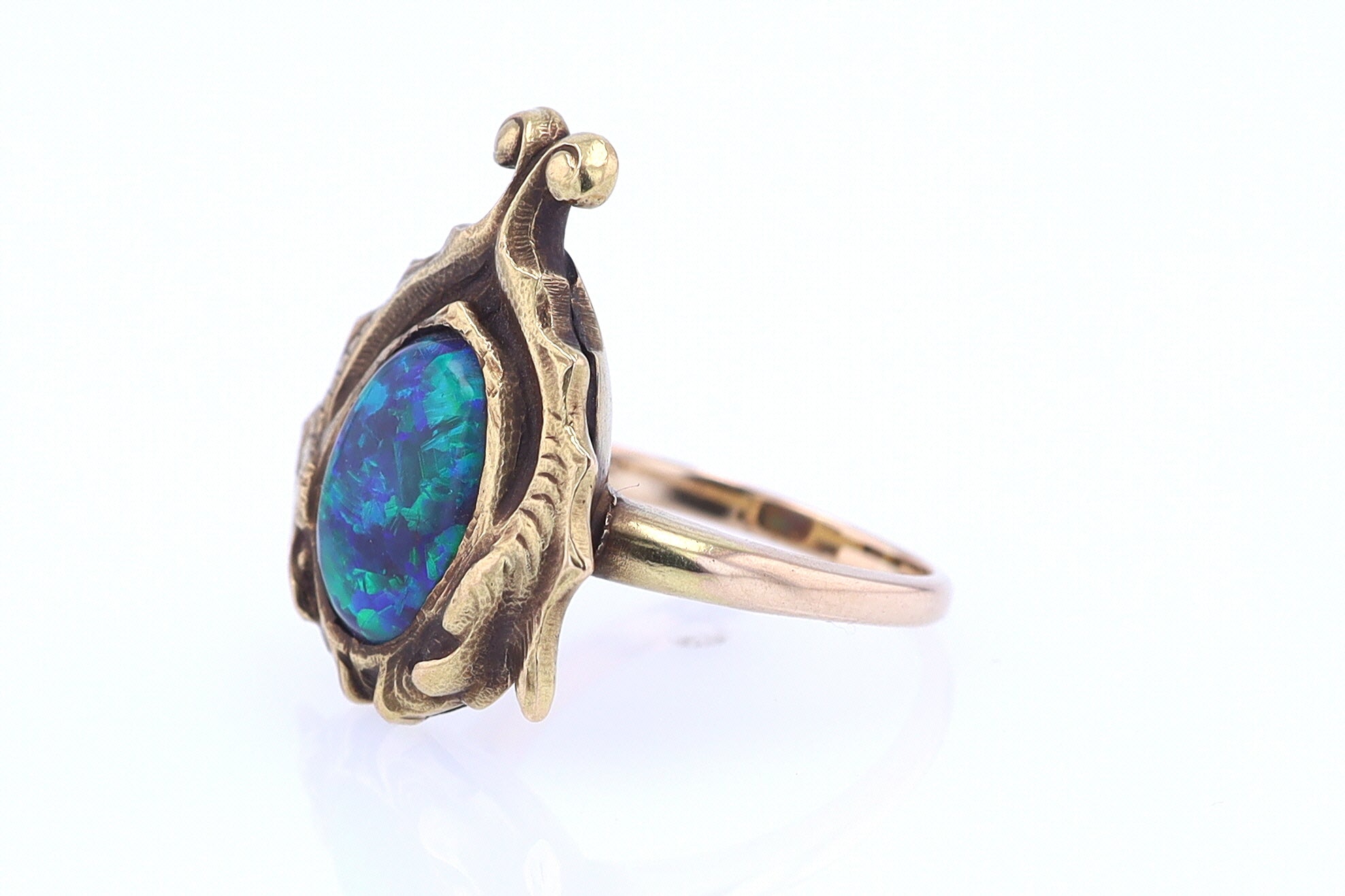 Art Nouveau Era 18kt. Gold & Harlequin Black Opal Ring