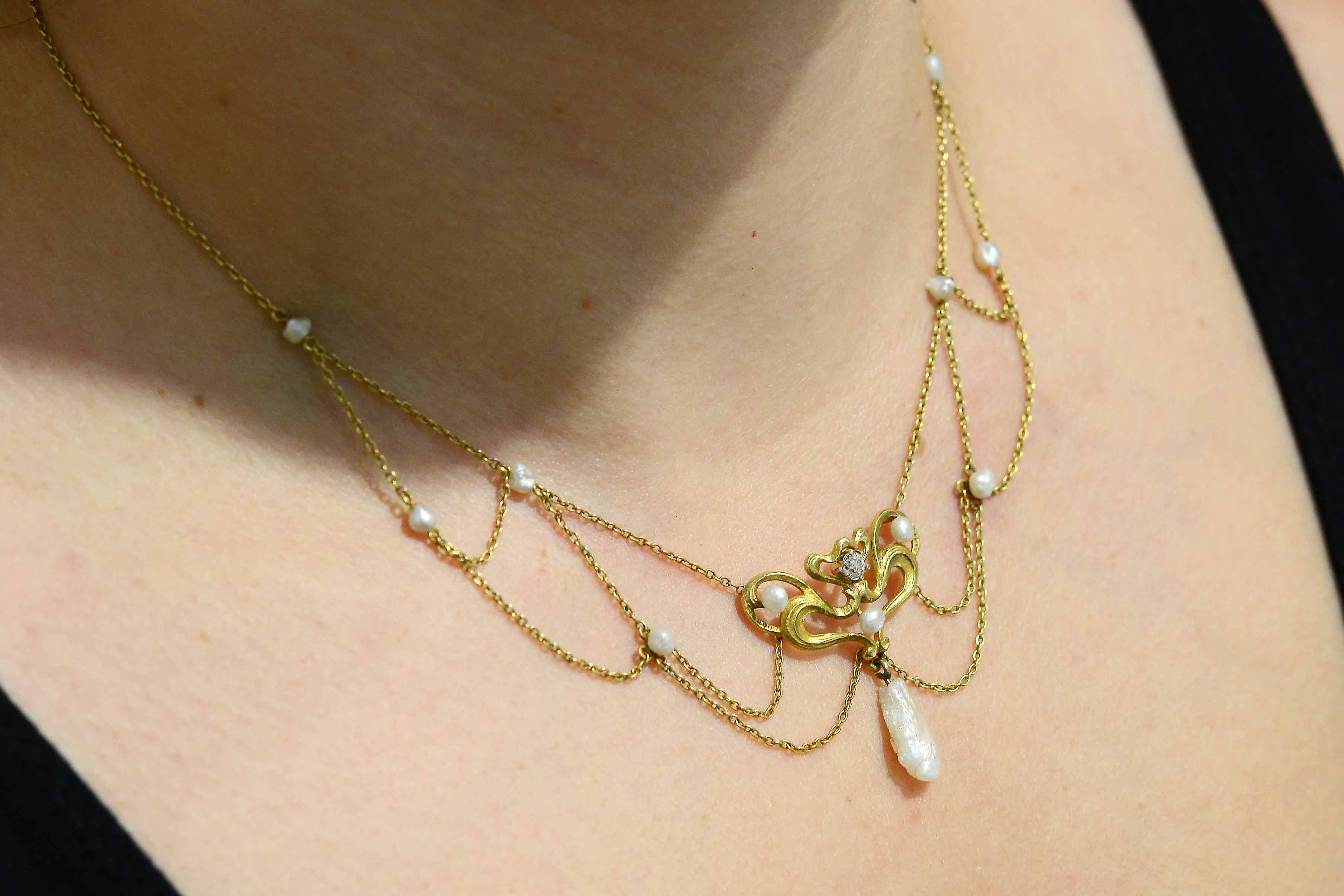 Art Nouveau Natural Pearl & Diamond Lavalier Necklace