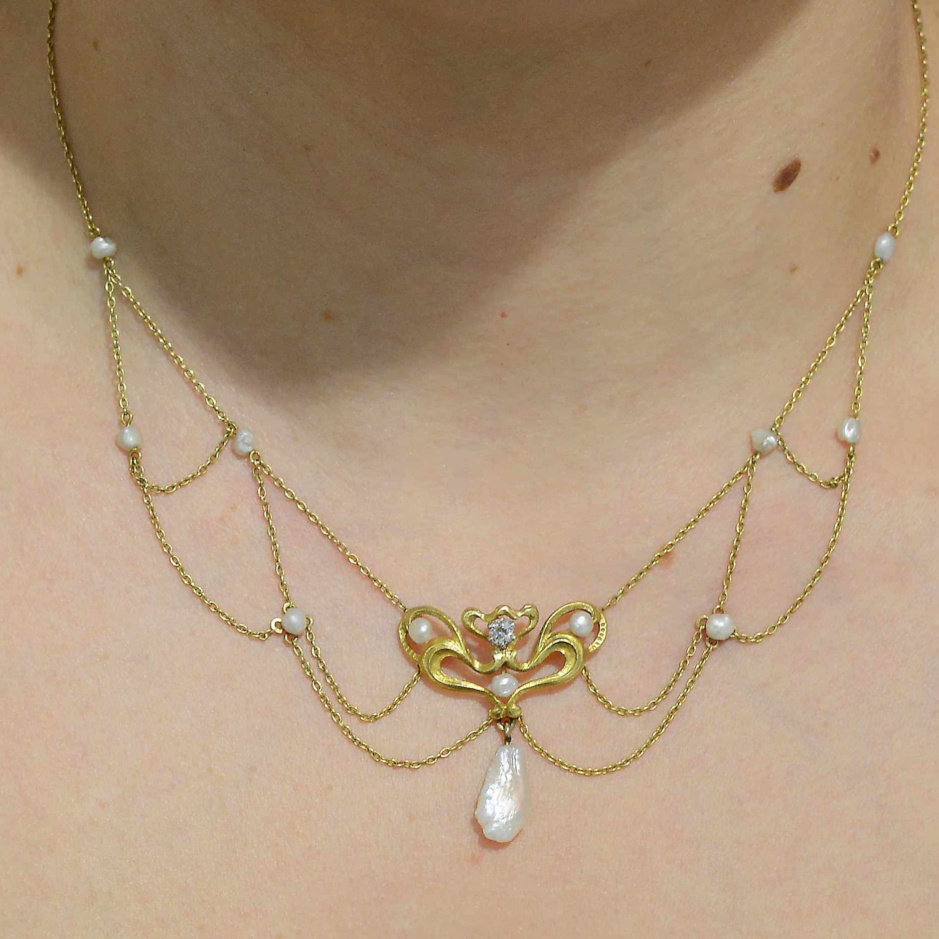 Art Nouveau Natural Pearl & Diamond Lavalier Necklace