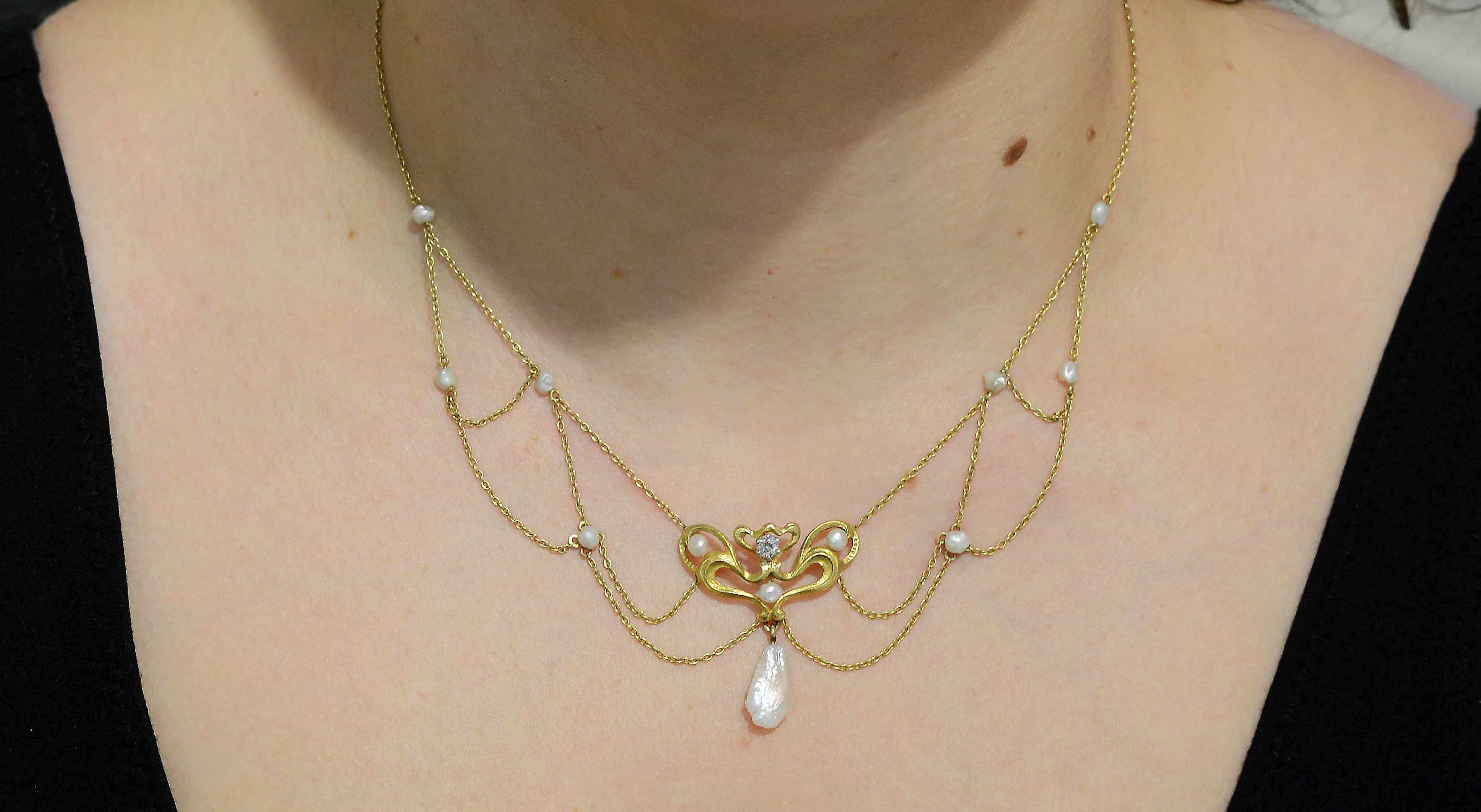 Art Nouveau Natural Pearl & Diamond Lavalier Necklace