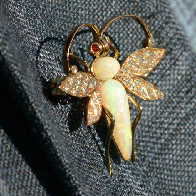 Art Nouveau Opal & Diamond Bee Brooch
