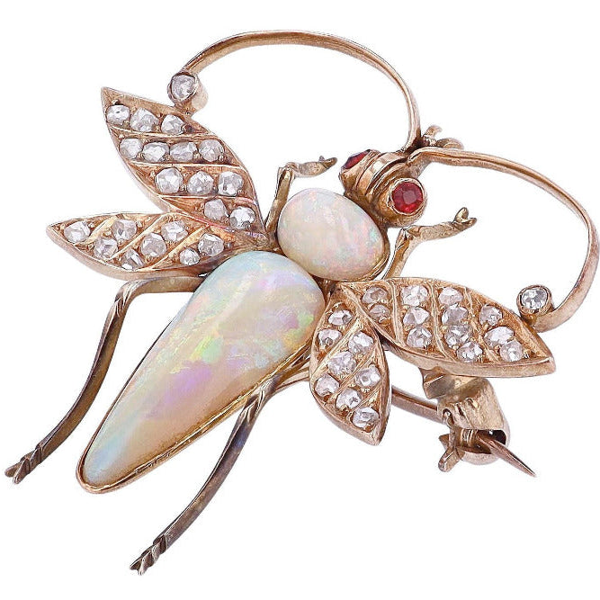 Art Nouveau Opal & Diamond Bee Brooch