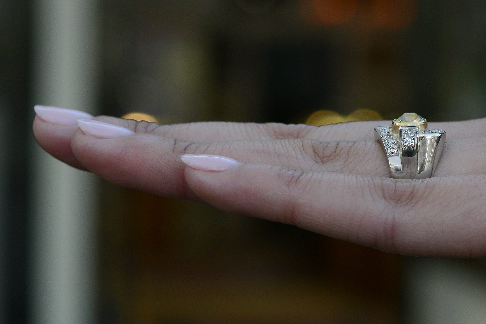 Asymmetrical Art Deco Greenish Yellow Diamond Engagement Ring