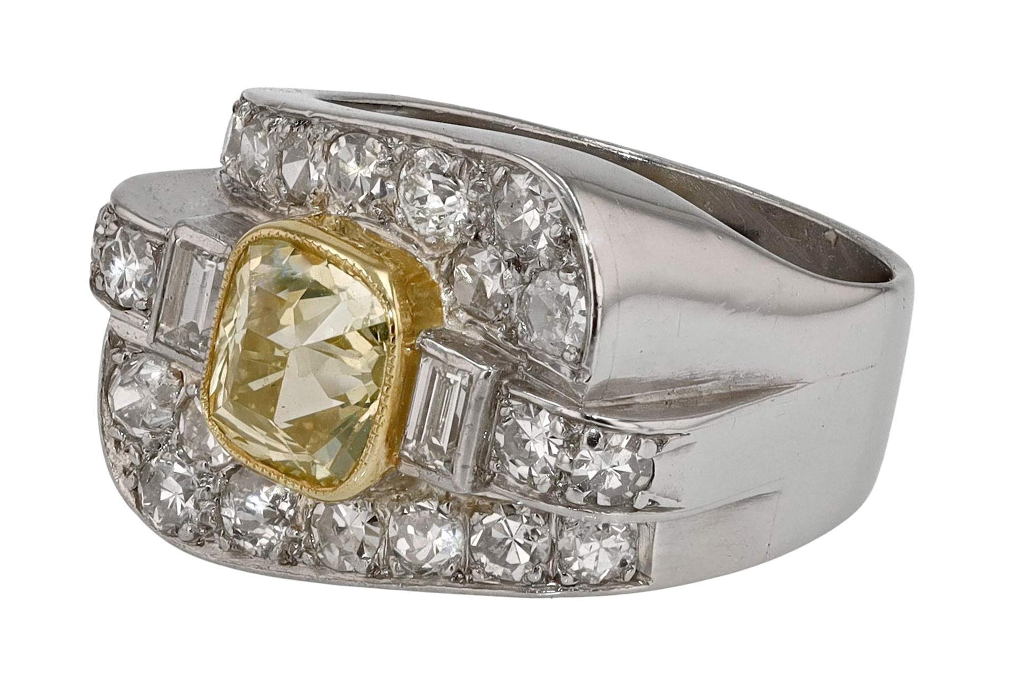 Asymmetrical Art Deco Greenish Yellow Diamond Engagement Ring