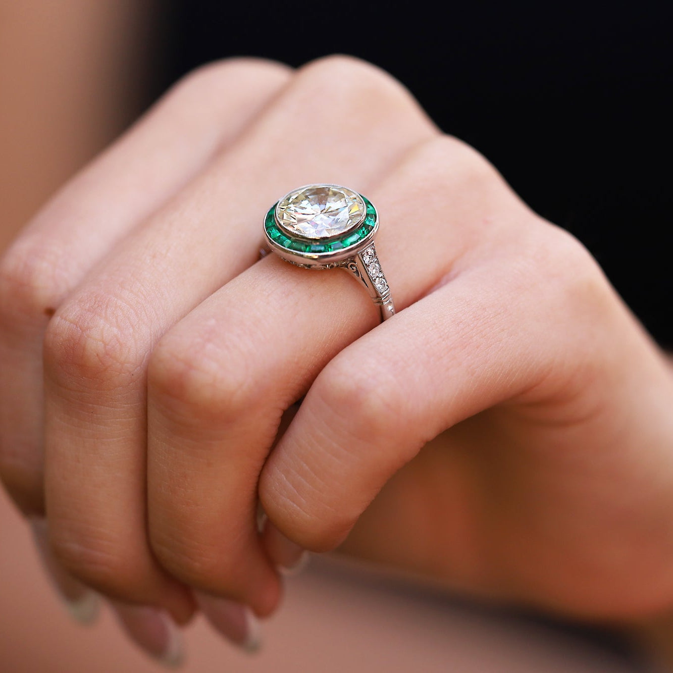 Bespoke Art Deco Revival 4.10 Carat Diamond & Emerald Platinum Engagement Ring