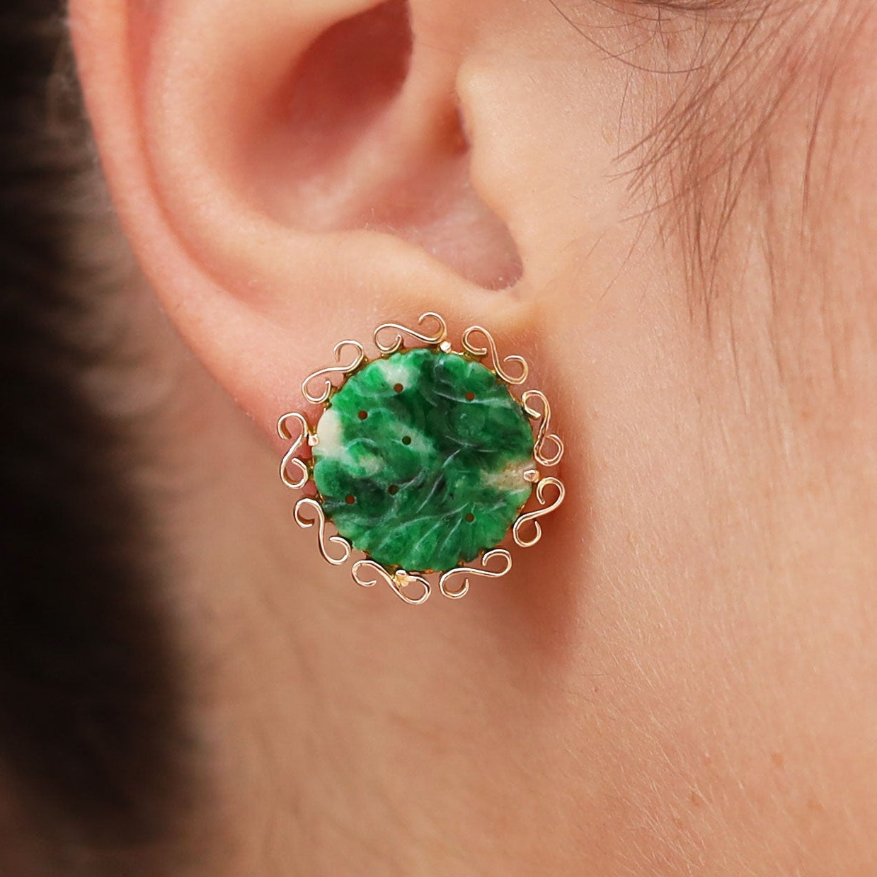 Carved Jade & 14k Yellow Gold Vintage Stud Earrings