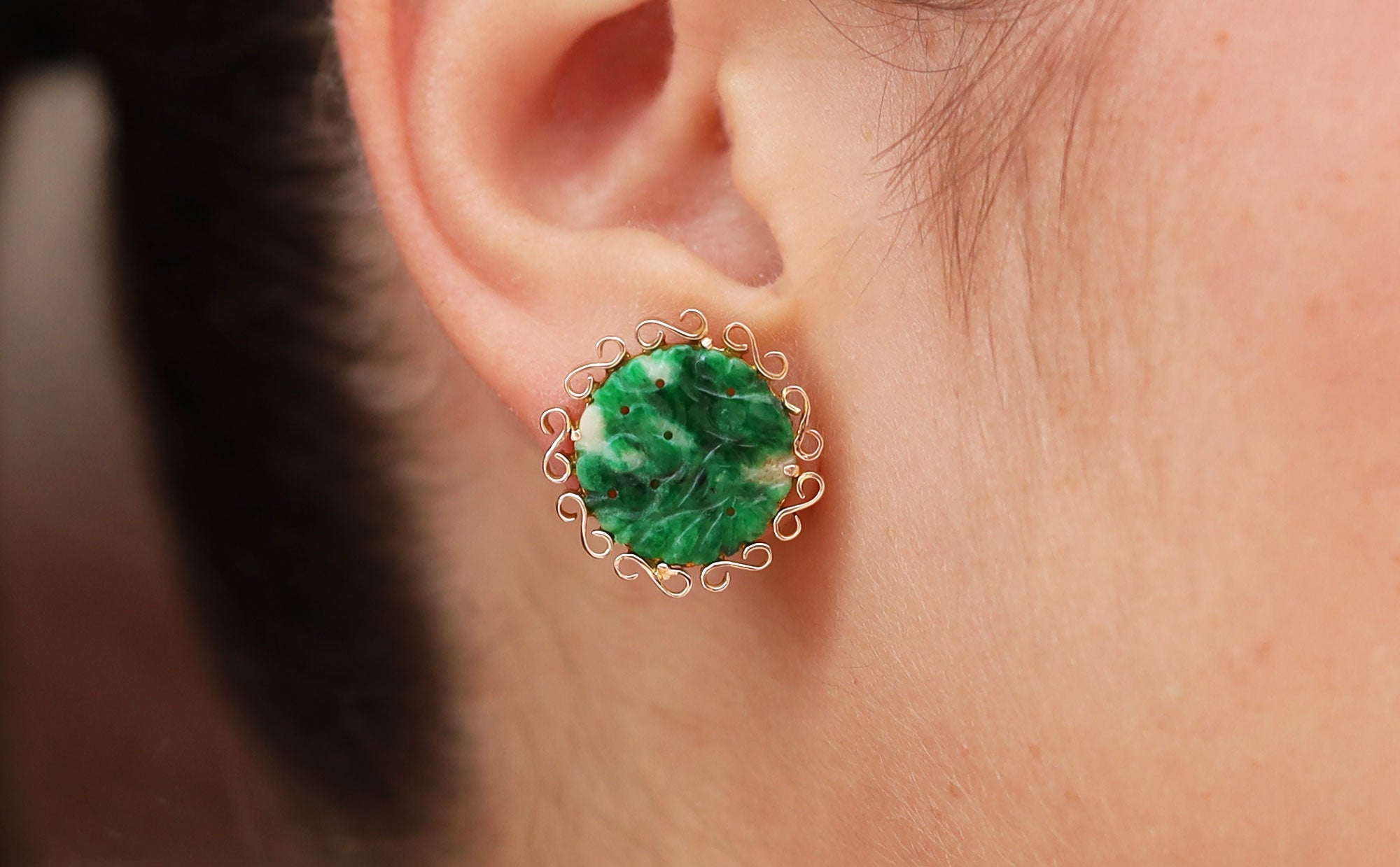 Carved Jade & 14k Yellow Gold Vintage Stud Earrings