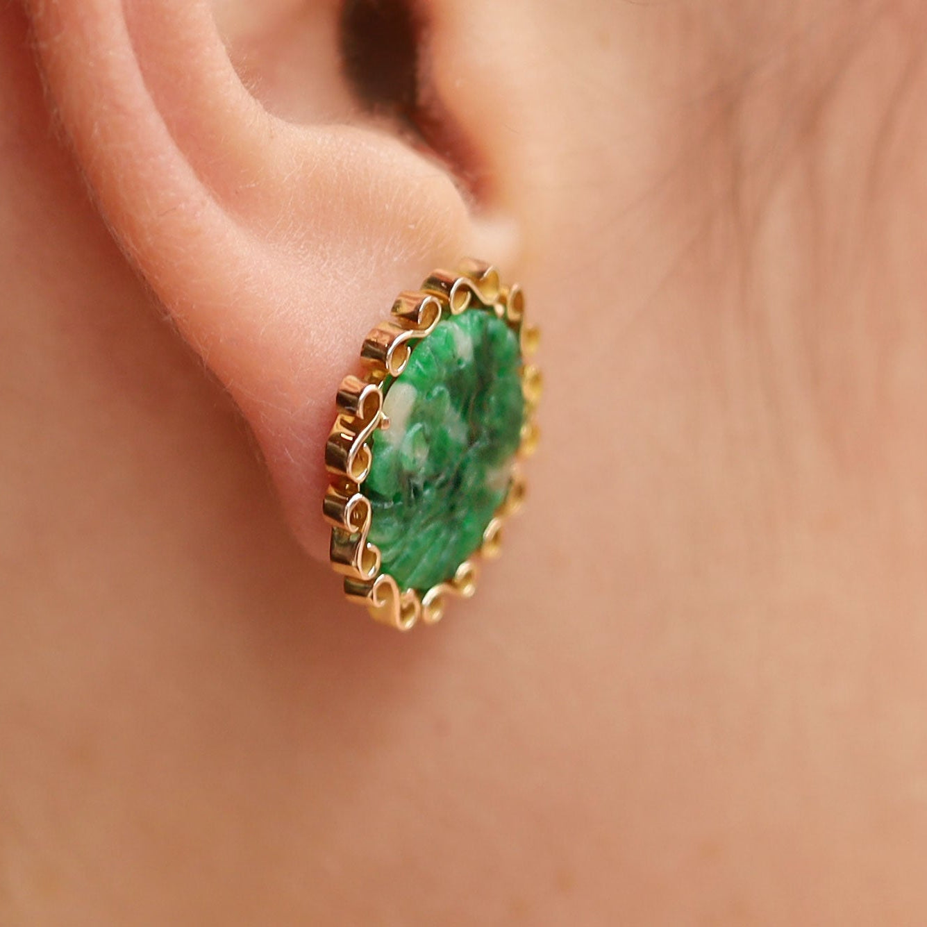 Carved Jade & 14k Yellow Gold Vintage Stud Earrings