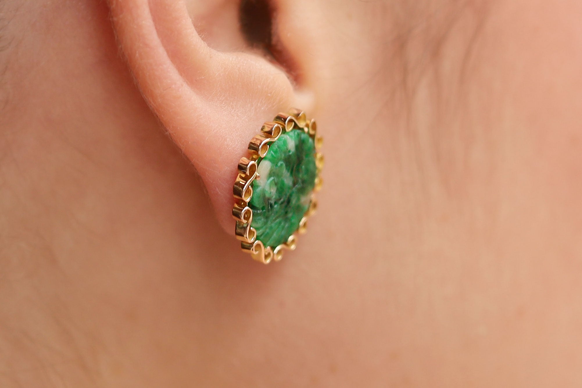 Carved Jade & 14k Yellow Gold Vintage Stud Earrings