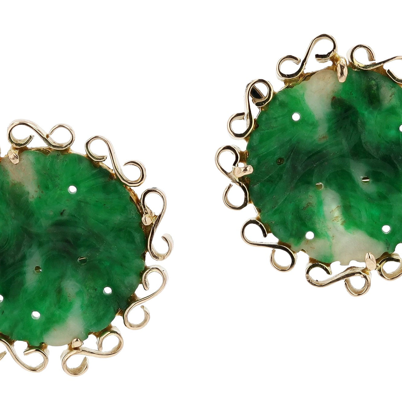 Carved Jade & 14k Yellow Gold Vintage Stud Earrings