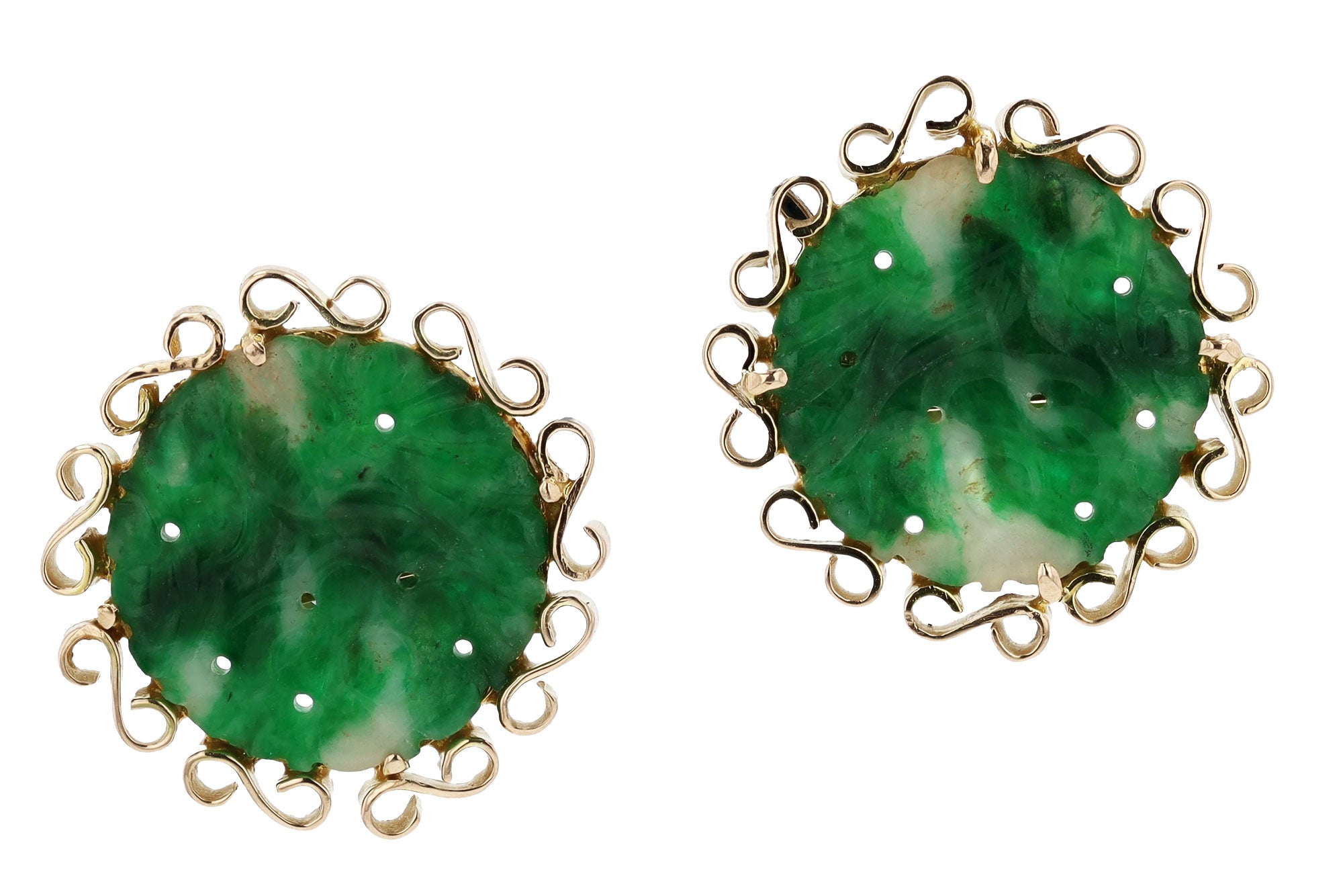 Carved Jade & 14k Yellow Gold Vintage Stud Earrings